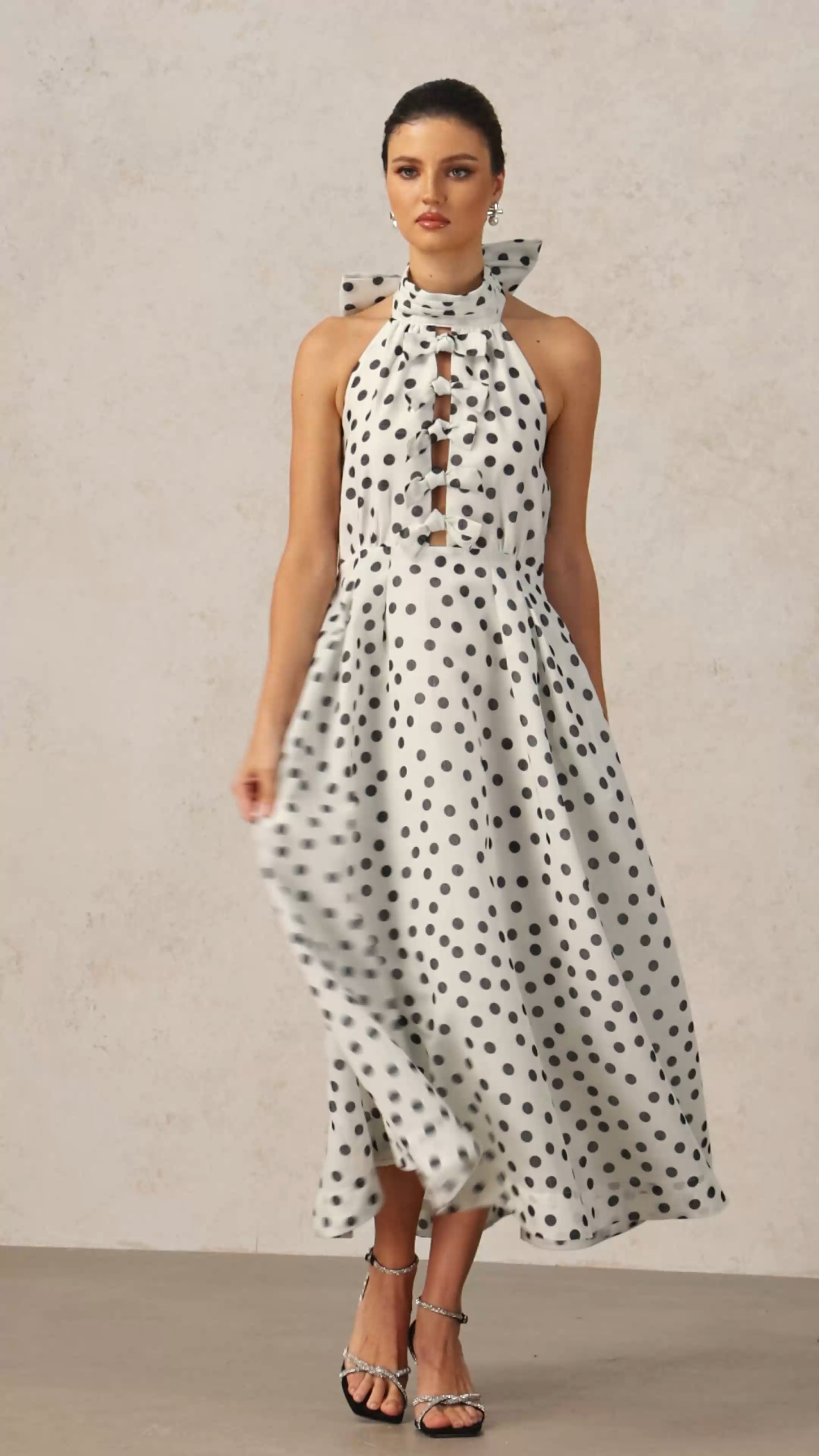 Sliya leeveless Bowknot Dot Printed Hollow Out Maxi Dress