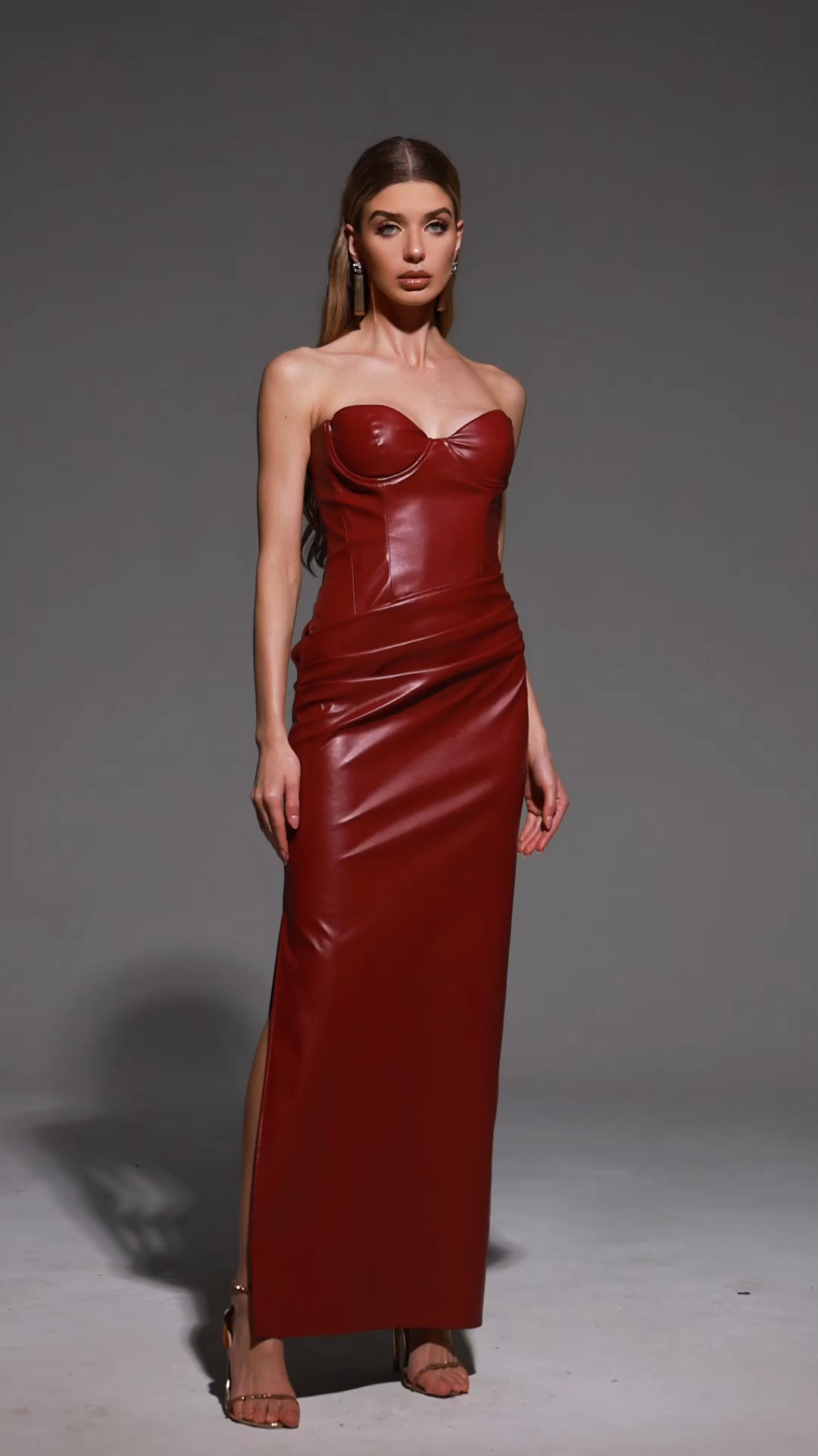 Mila Sleeveless Fold Artificial Leather Maxi Dress