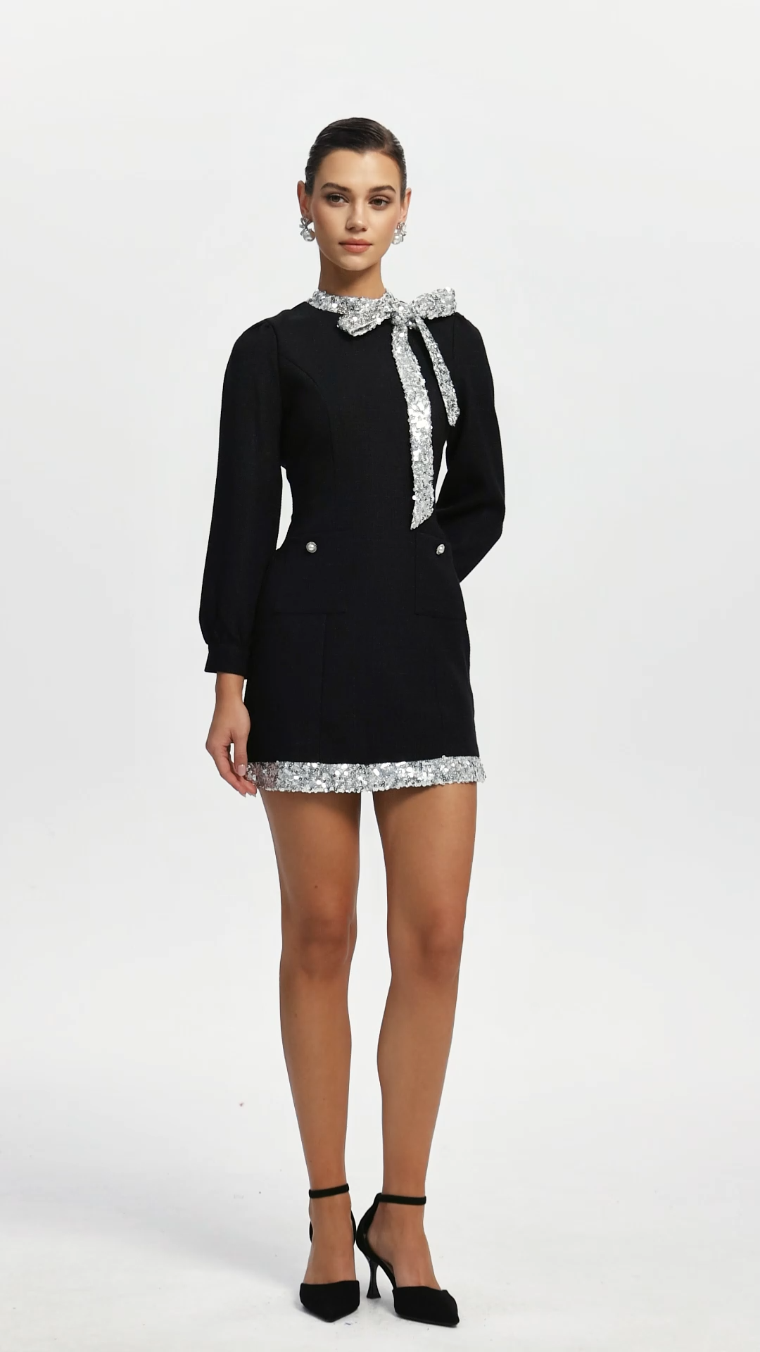 Mirelle Chic Tailored Long Sleeve Sequin Woven Mini Dress