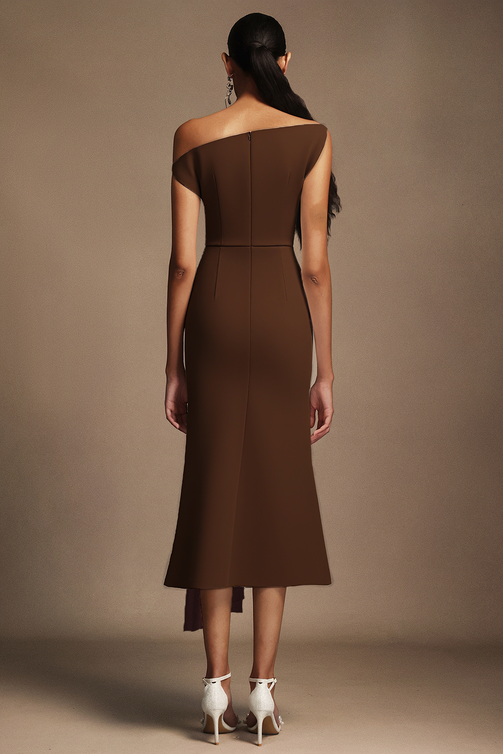Paulina Oblique Shoulder Sleeveless Folds Brown Midi Dress