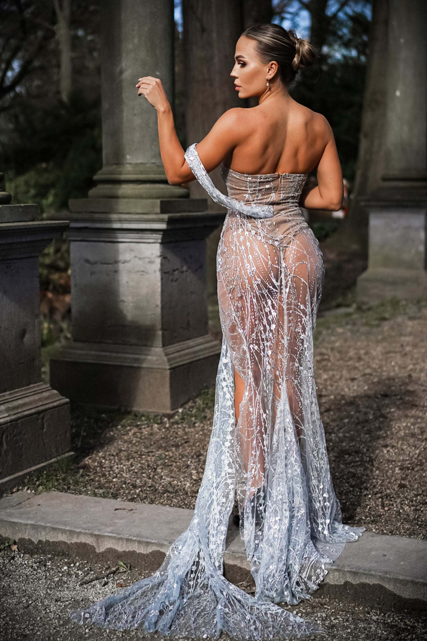 Glitter Sequin Mesh Slit Maxi Dress