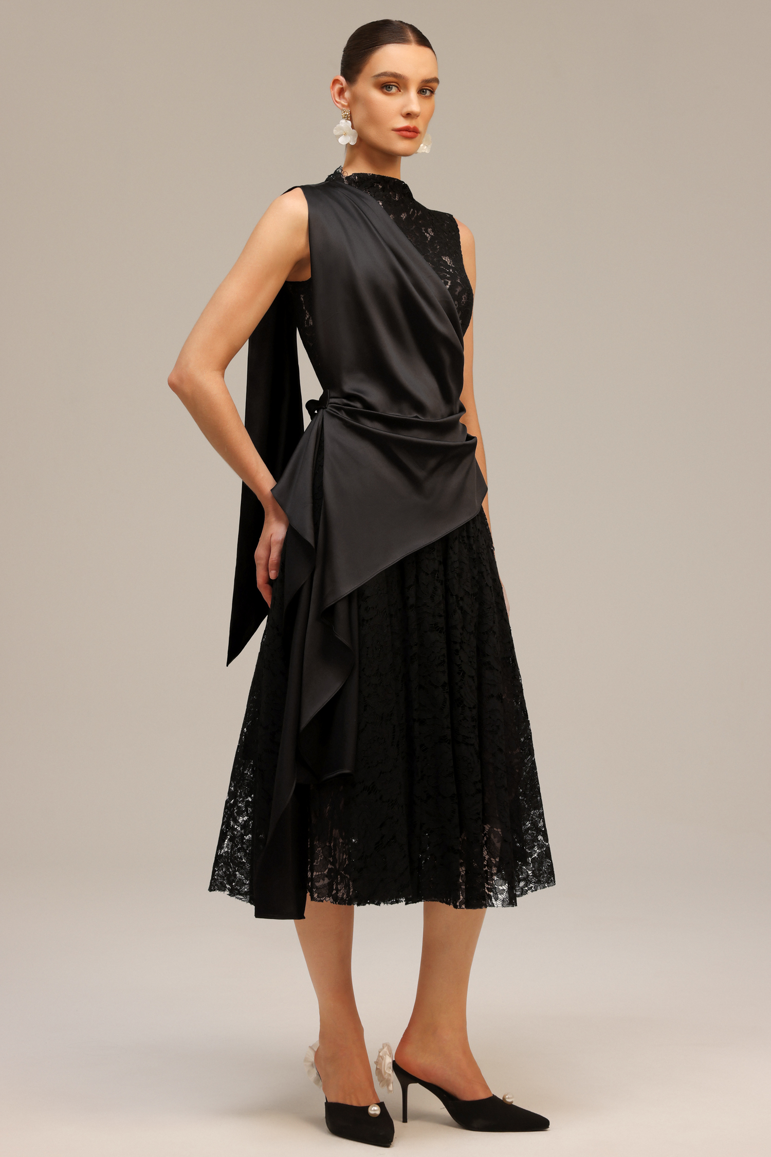 Moto Sleeveless Streamer Lace Midi Dress