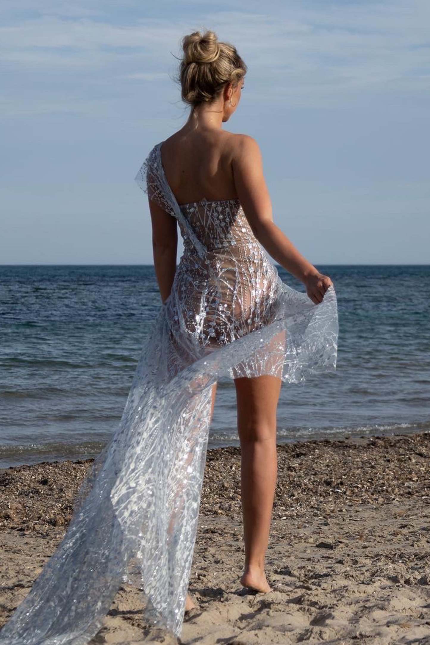 Glitter Sequin Mesh Slit Maxi Dress