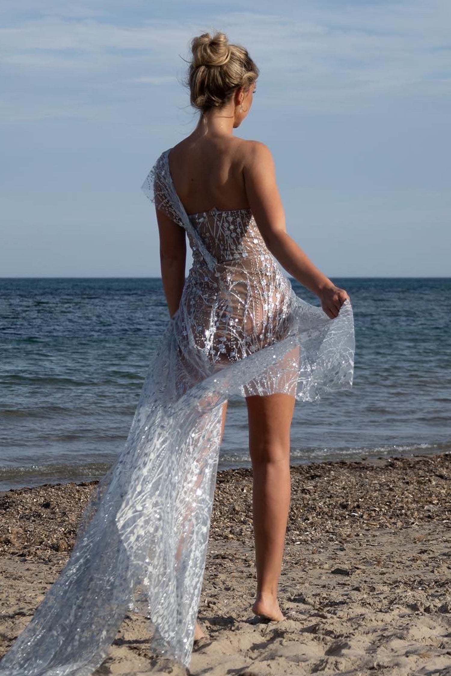 Glitter Sequin Mesh Slit Maxi Dress