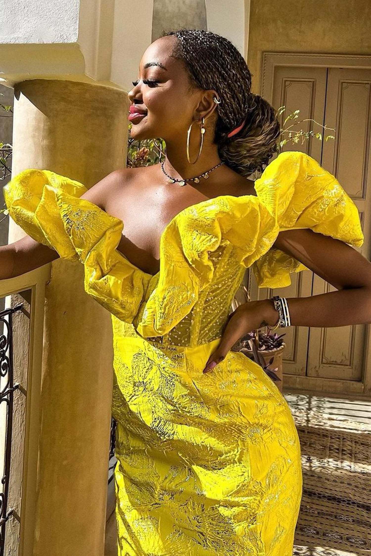 Jacquard Off Shoulder Midi Dress - Yellow