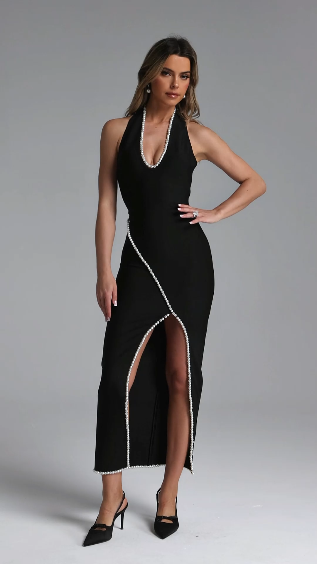 Keeli Elegant Contour Halter Pearl High Slit Maxi Dress