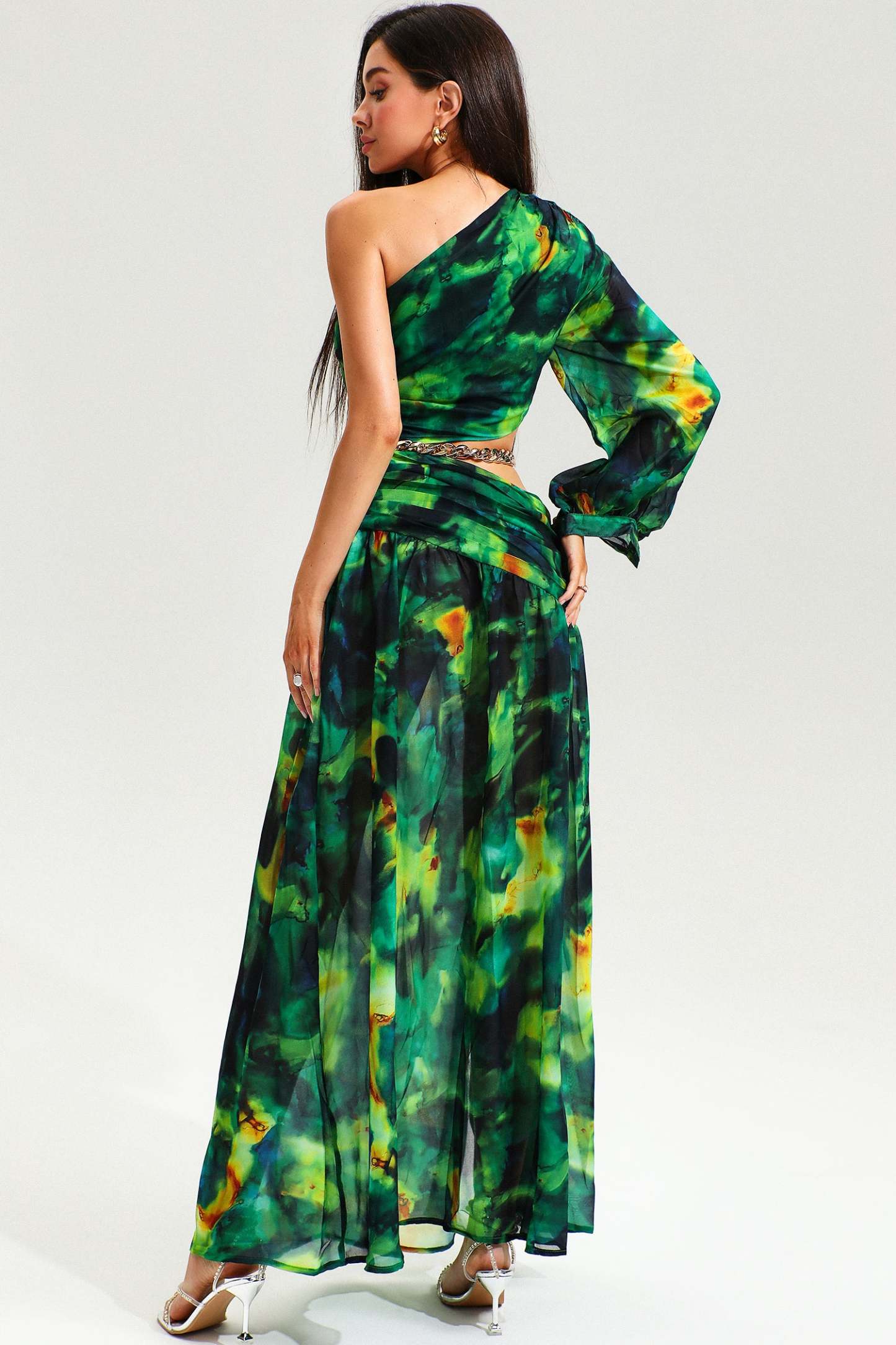 Printed One-Shoulder Cutout Ruched Slit Maxi Dress Green