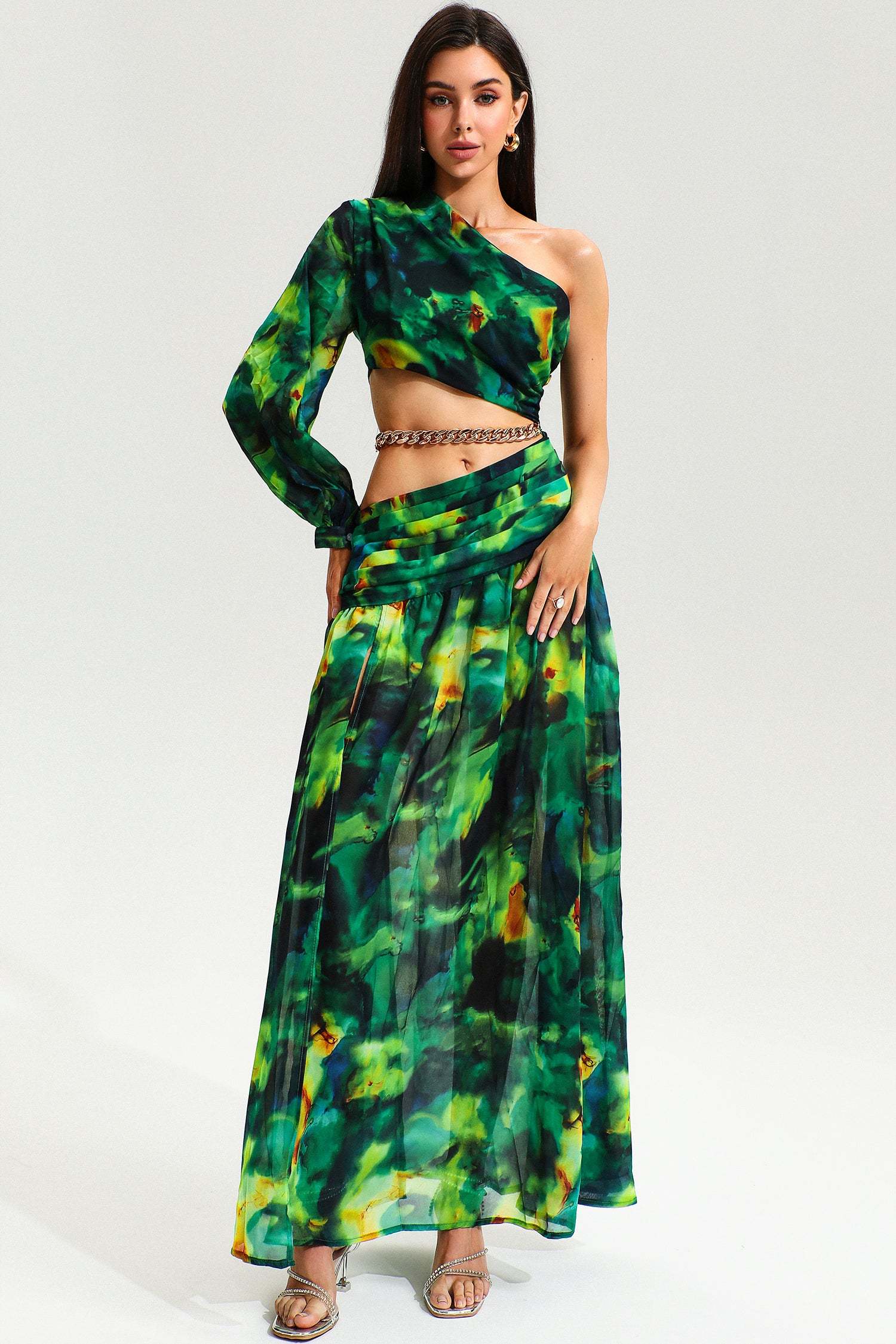 Printed One-Shoulder Cutout Ruched Slit Maxi Dress Green