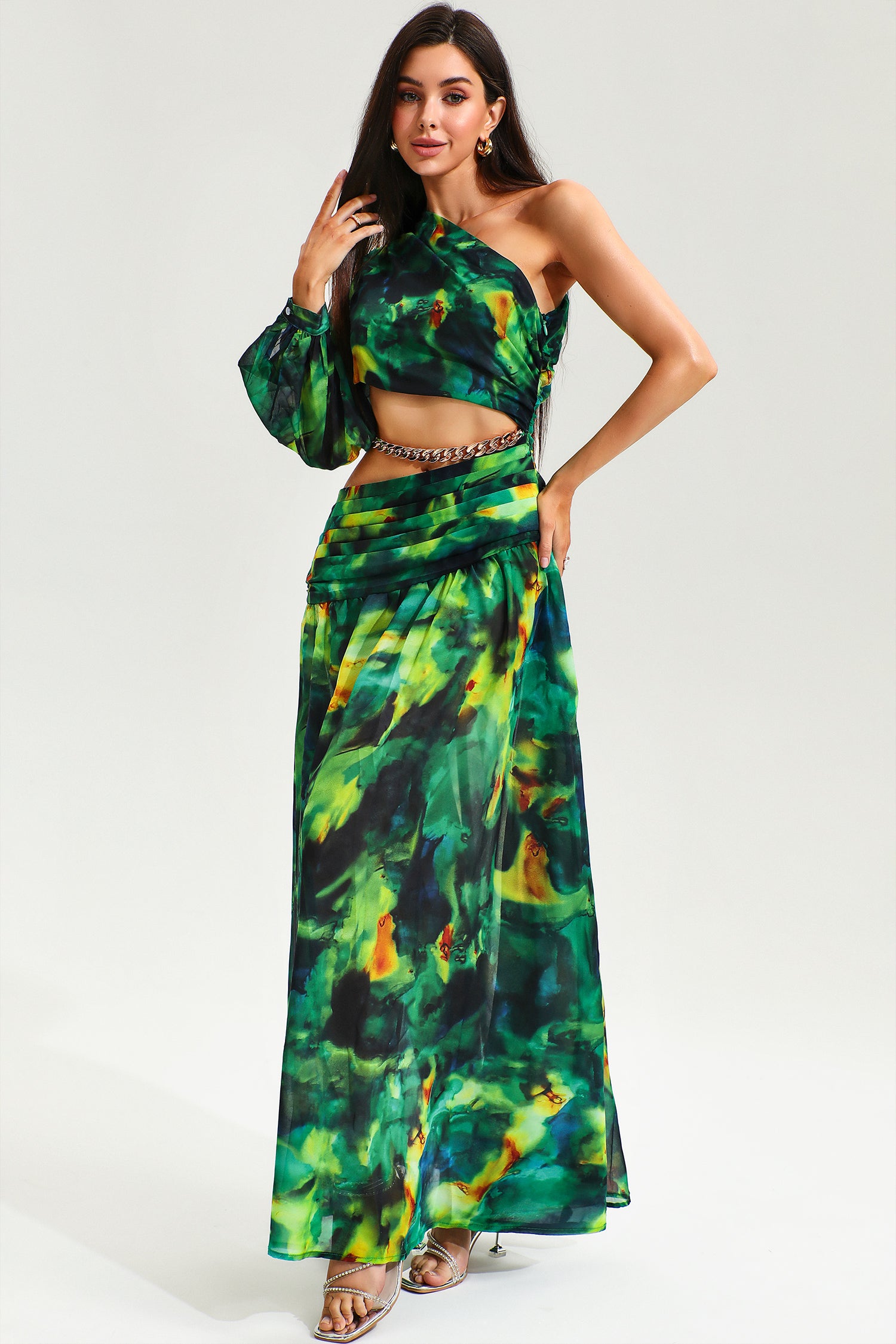 Printed One-Shoulder Cutout Ruched Slit Maxi Dress Green