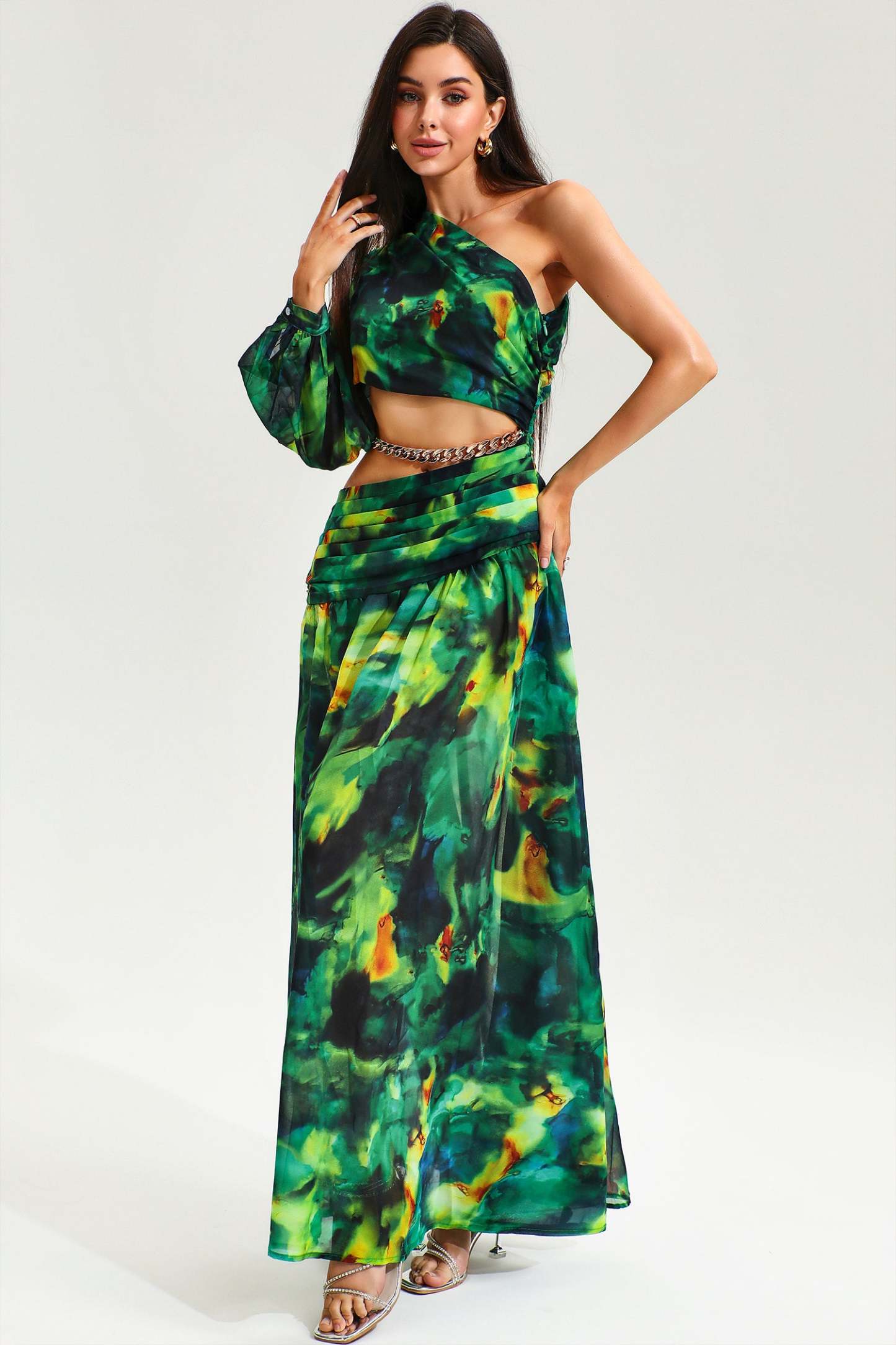 Printed One-Shoulder Cutout Ruched Slit Maxi Dress Green