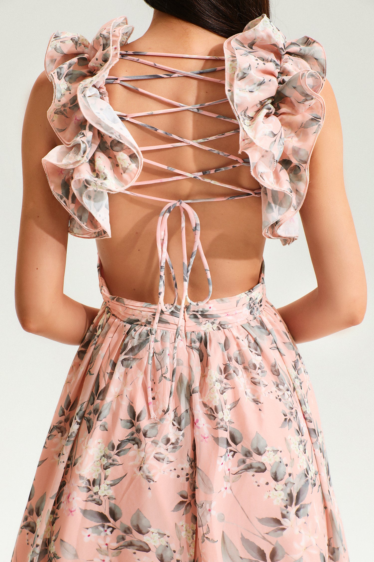 Floral V-Neck Cut Out Backless Ruffle Hem Maxi Dress