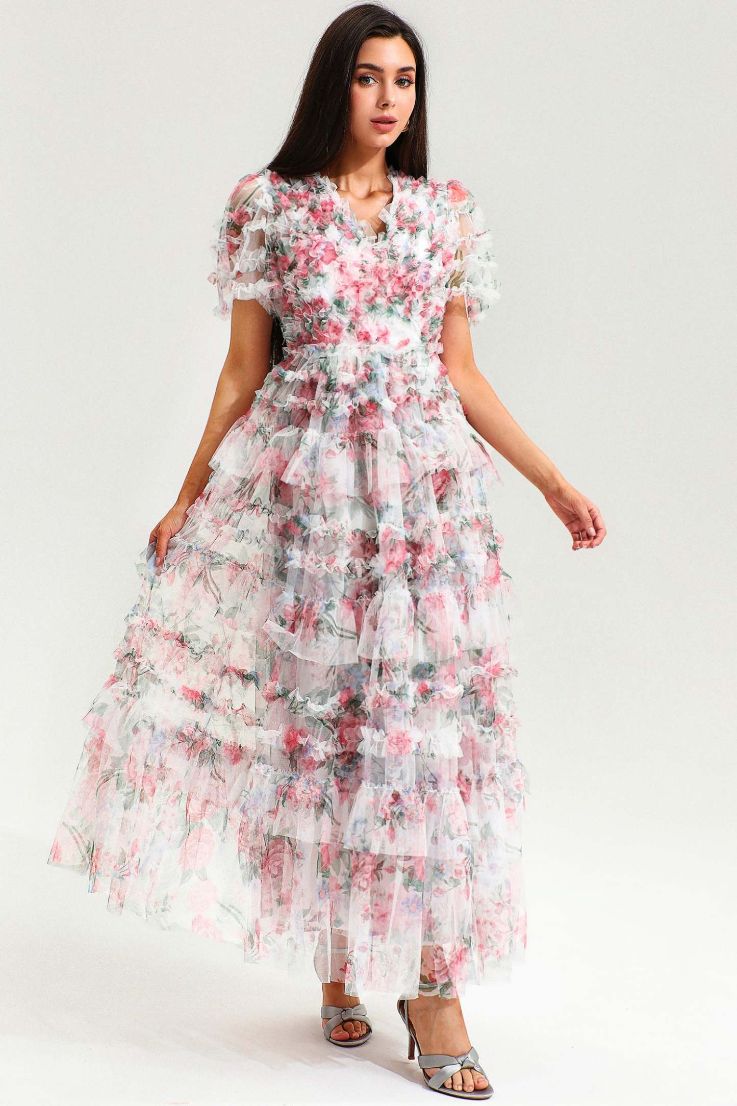 Floral V-Neck Short Sleeve Ruffle Tiered Hem Maxi Dress