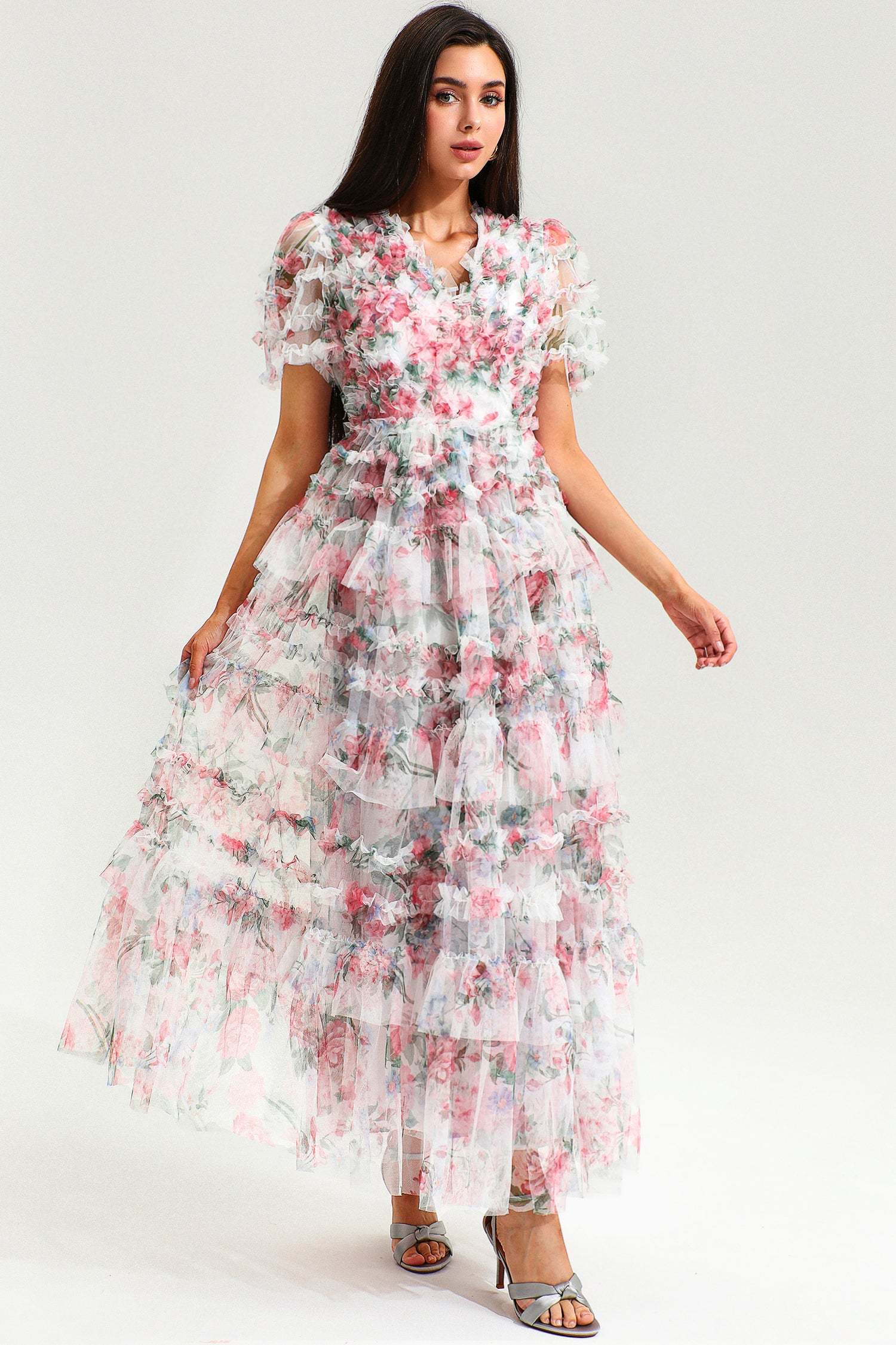 Floral V-Neck Short Sleeve Ruffle Tiered Hem Maxi Dress