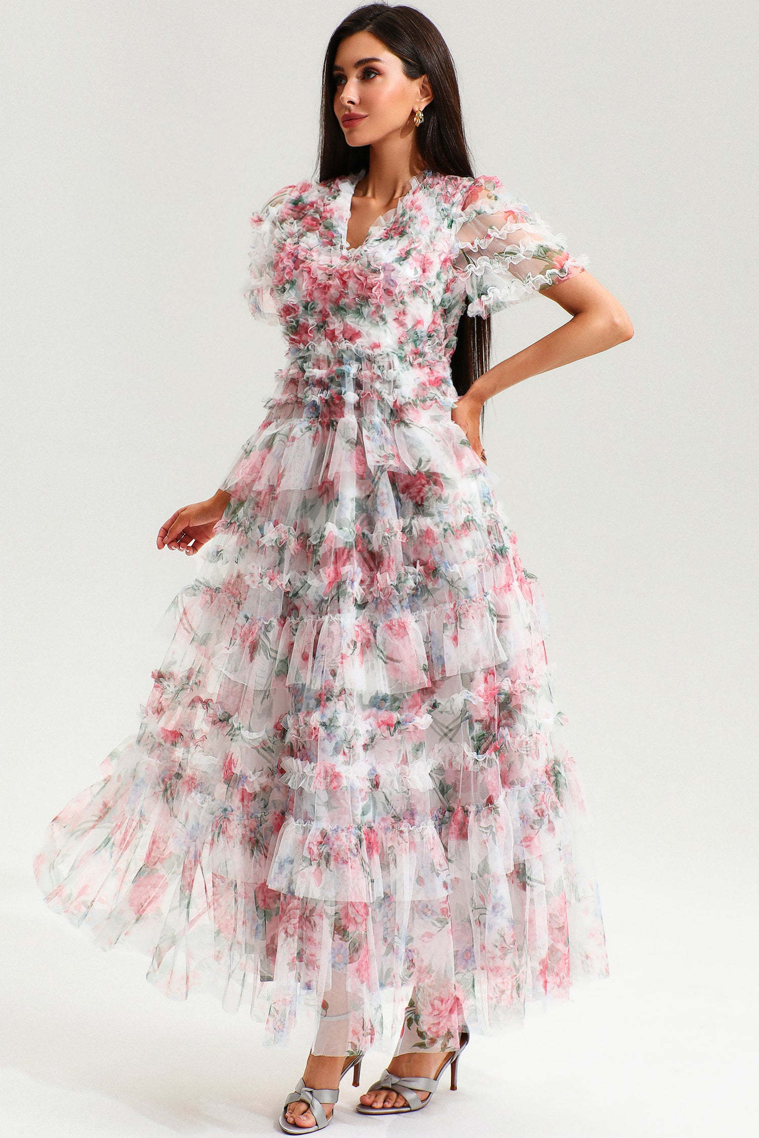 Floral V-Neck Short Sleeve Ruffle Tiered Hem Maxi Dress