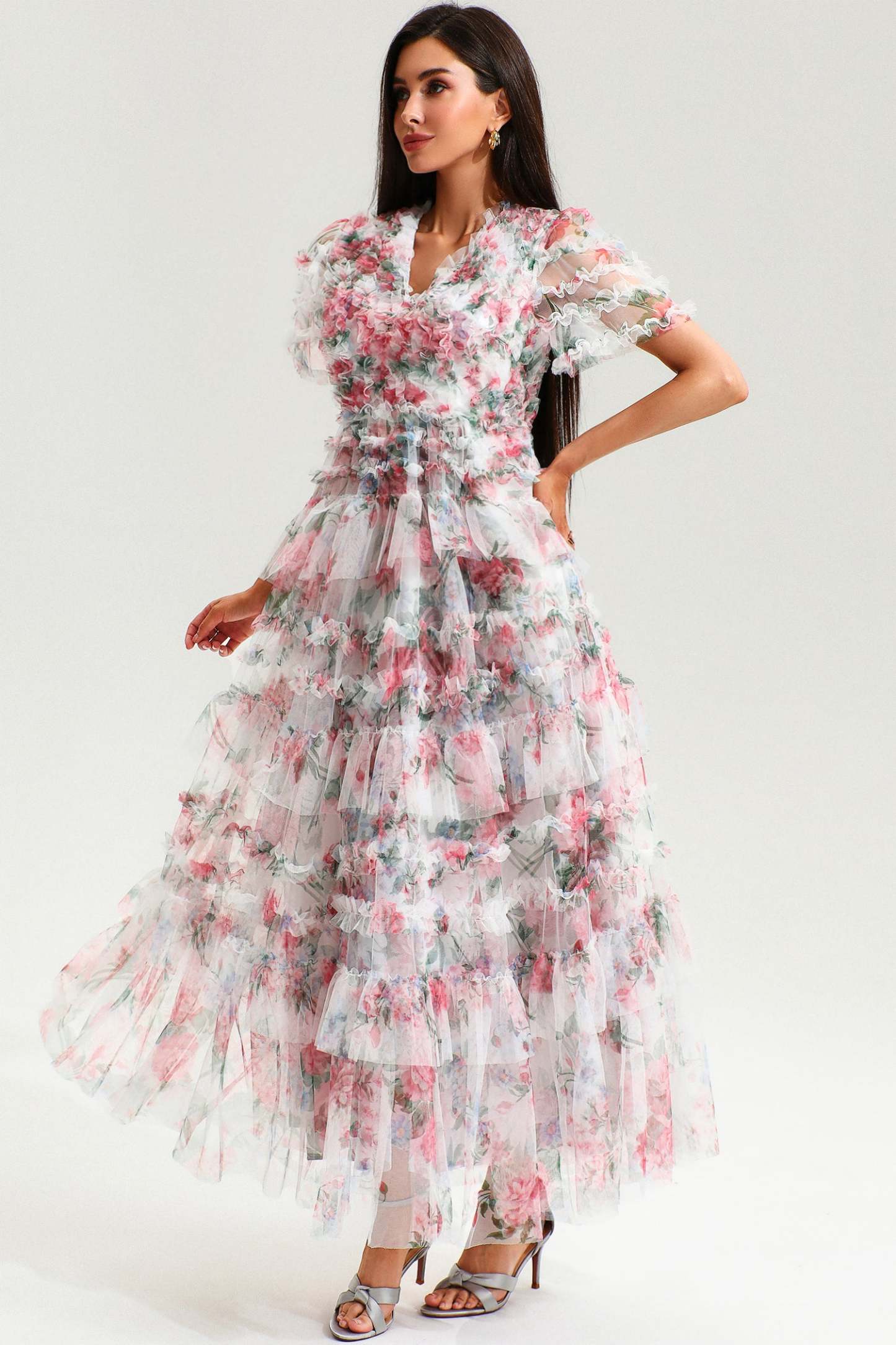 Floral V-Neck Short Sleeve Ruffle Tiered Hem Maxi Dress