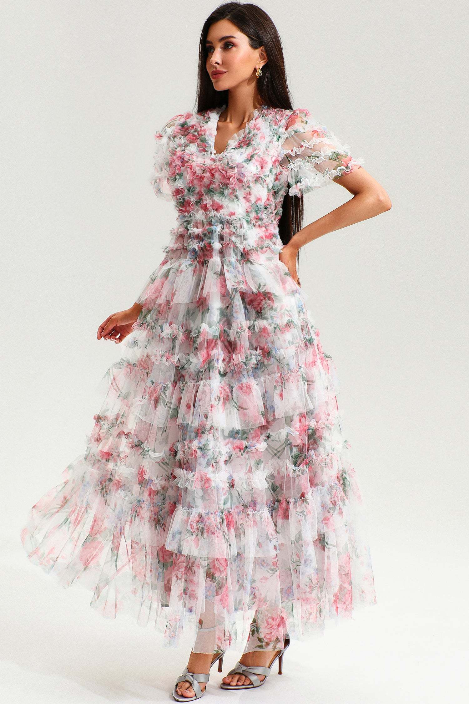 Floral V-Neck Short Sleeve Ruffle Tiered Hem Maxi Dress