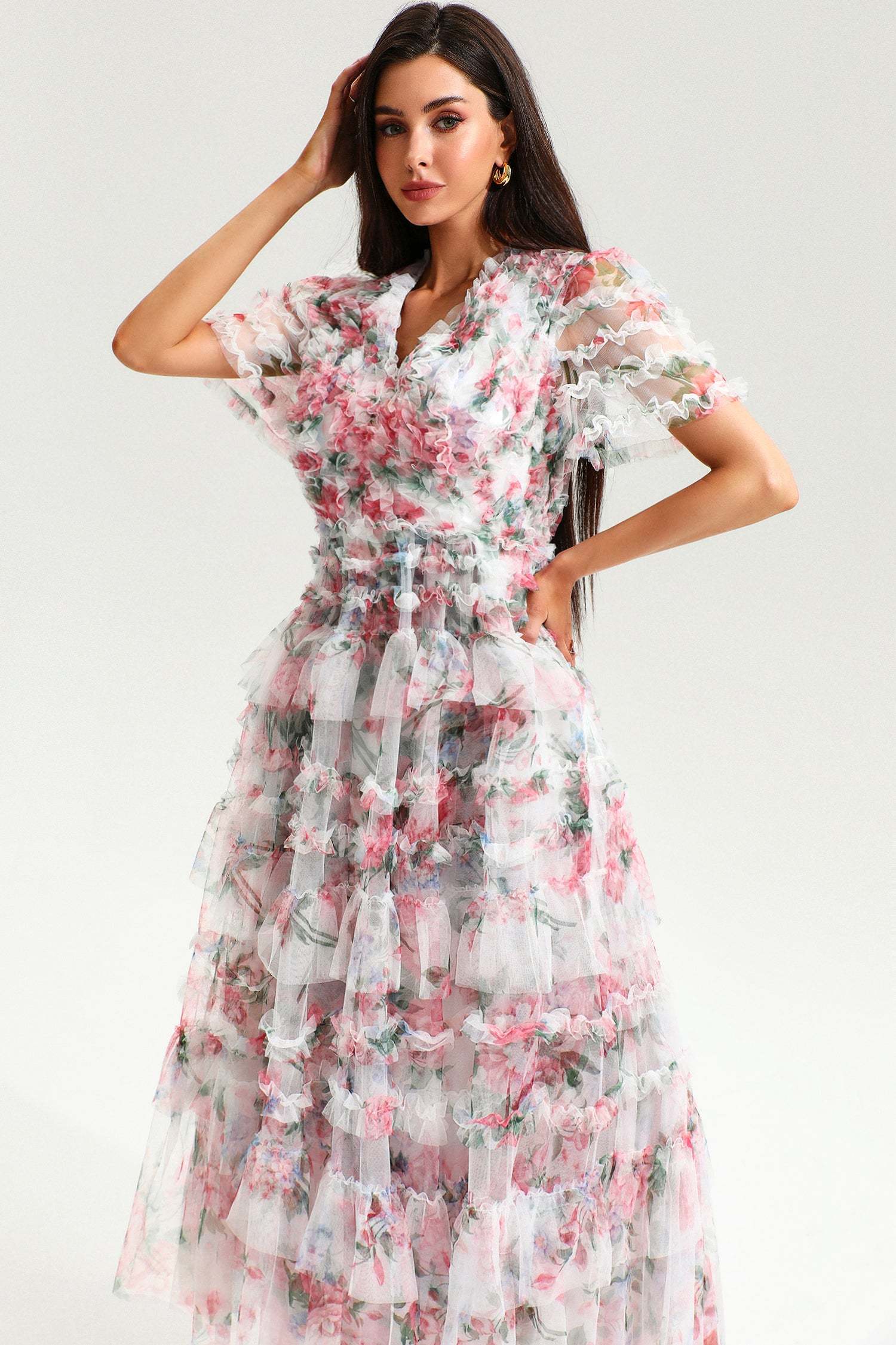 Floral V-Neck Short Sleeve Ruffle Tiered Hem Maxi Dress