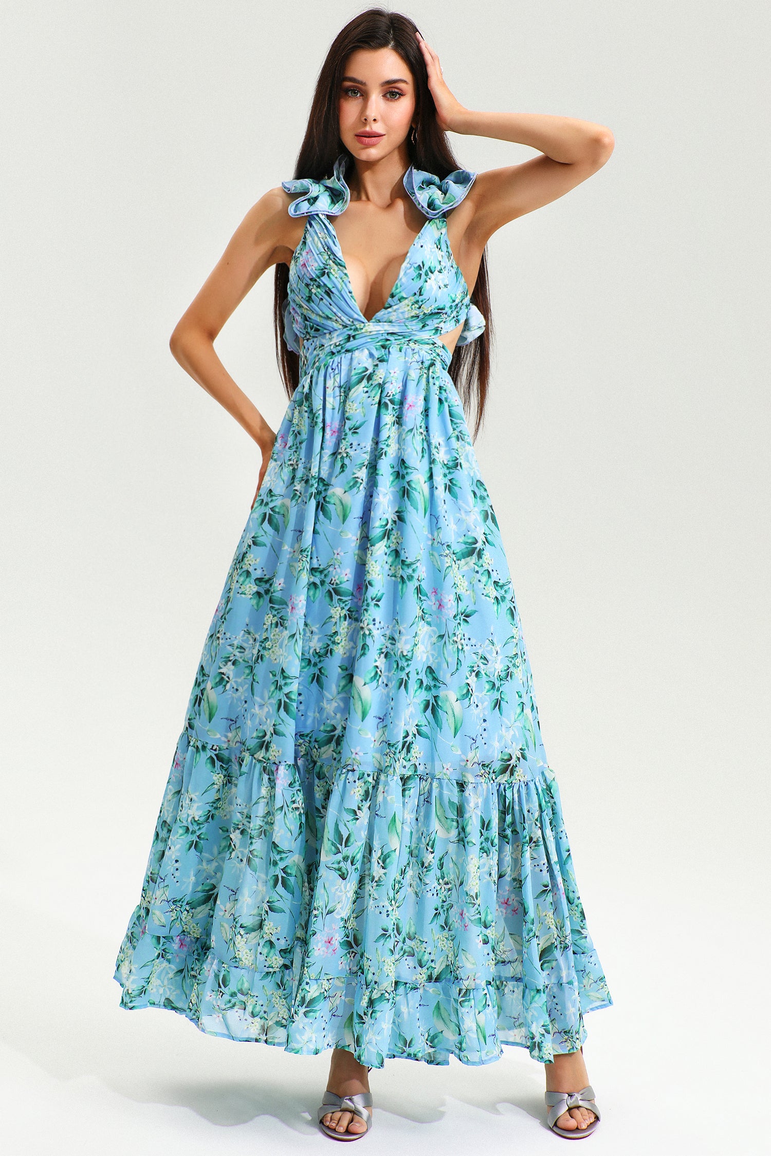 Floral V-Neck Cut-Out Backless Ruffle Hem Maxi Dress Blue