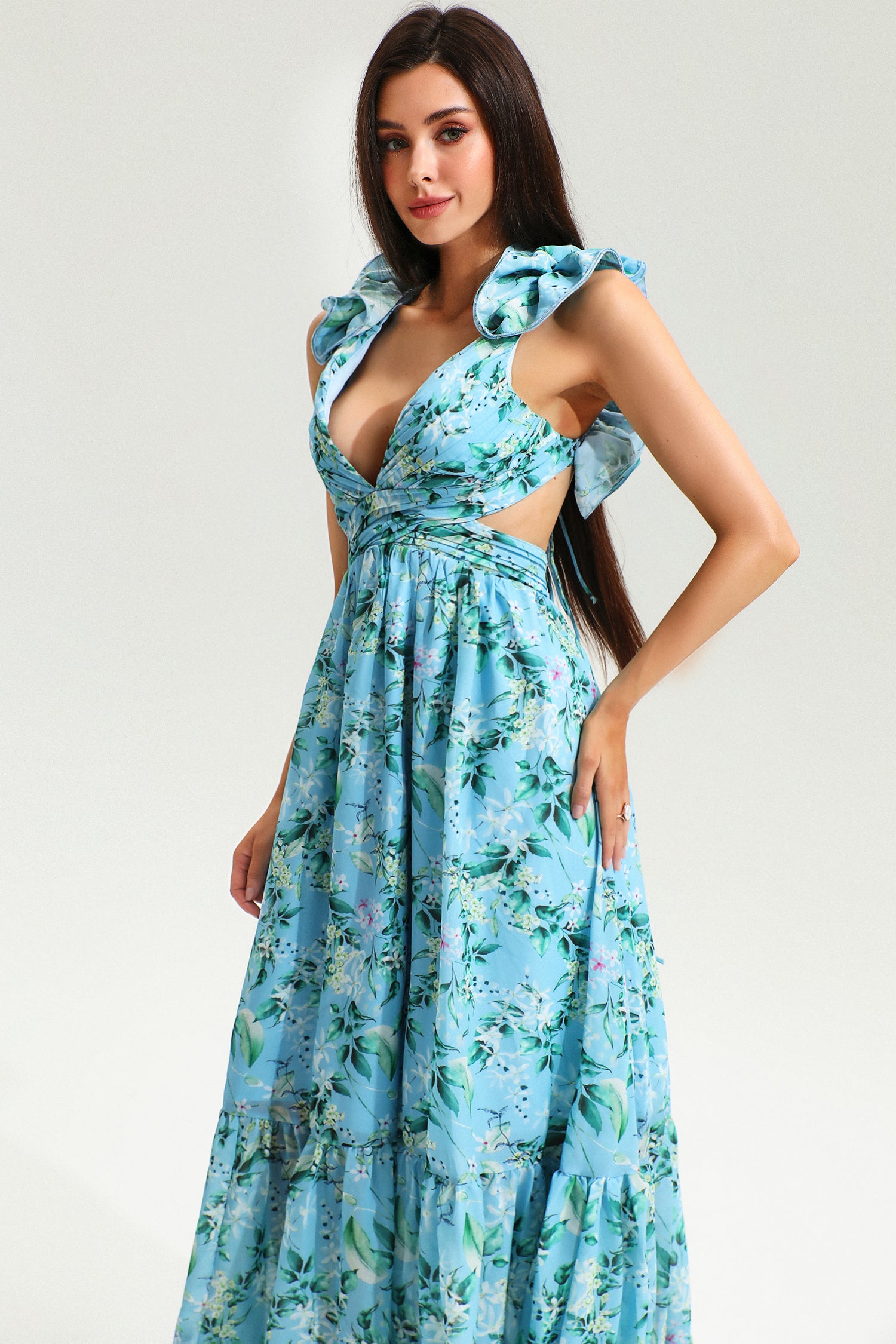 Floral V-Neck Cut-Out Backless Ruffle Hem Maxi Dress Blue