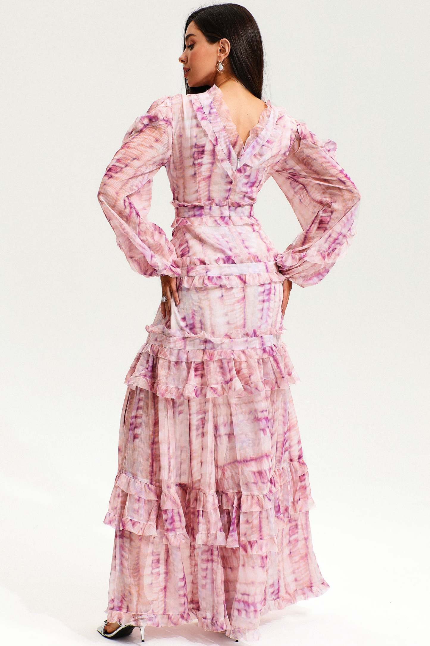 V-Neck Lace Puff Sleeve Tiered Ruffle Hem Maxi Dress