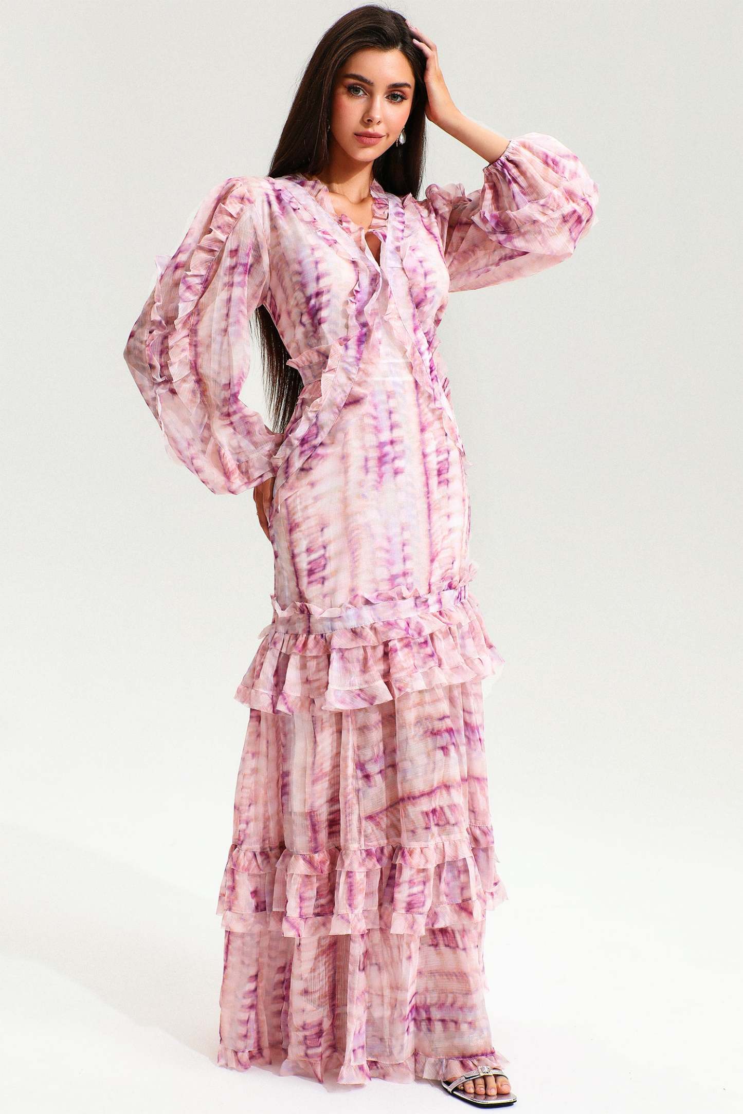 V-Neck Lace Puff Sleeve Tiered Ruffle Hem Maxi Dress