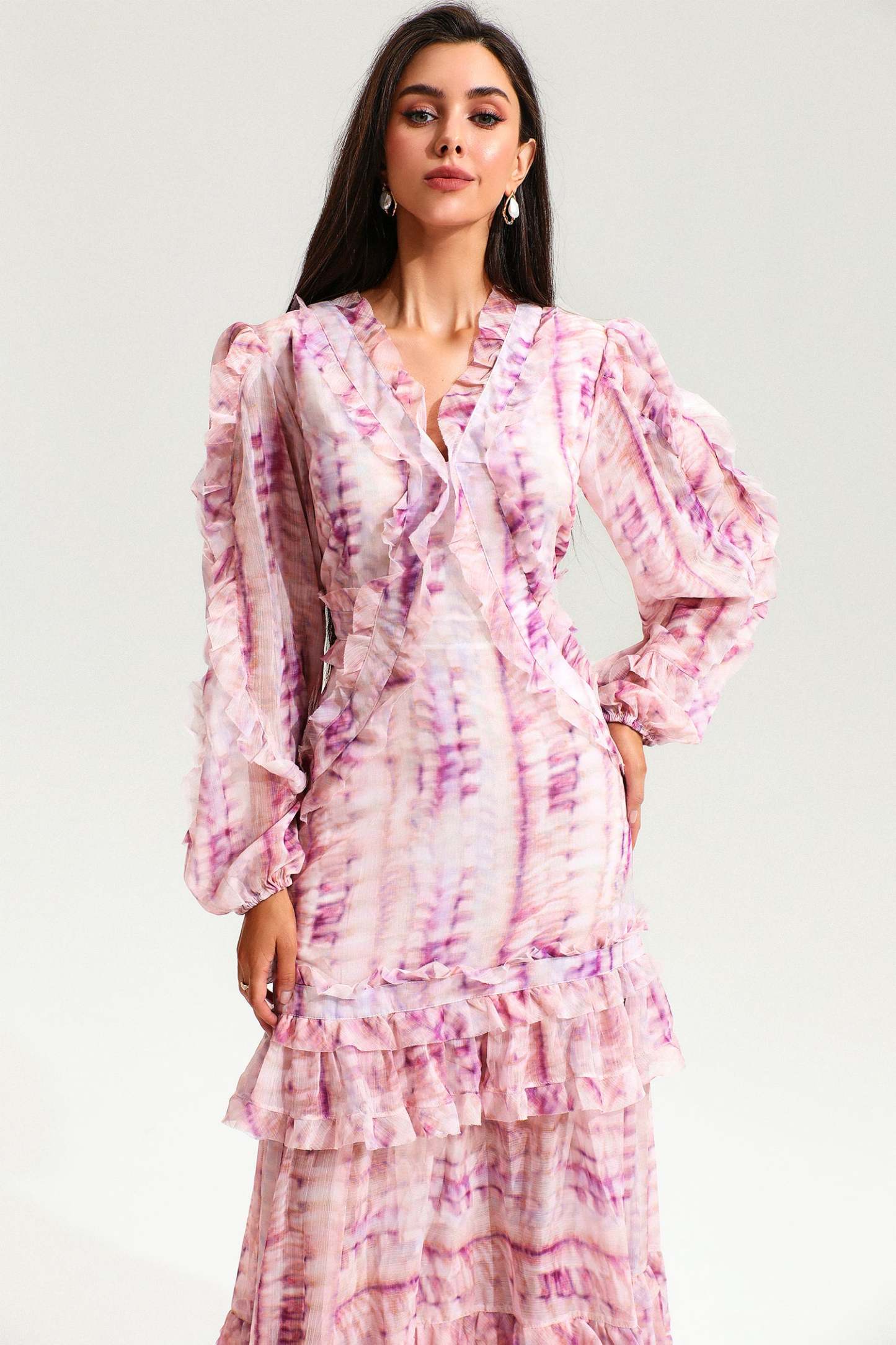 V-Neck Lace Puff Sleeve Tiered Ruffle Hem Maxi Dress