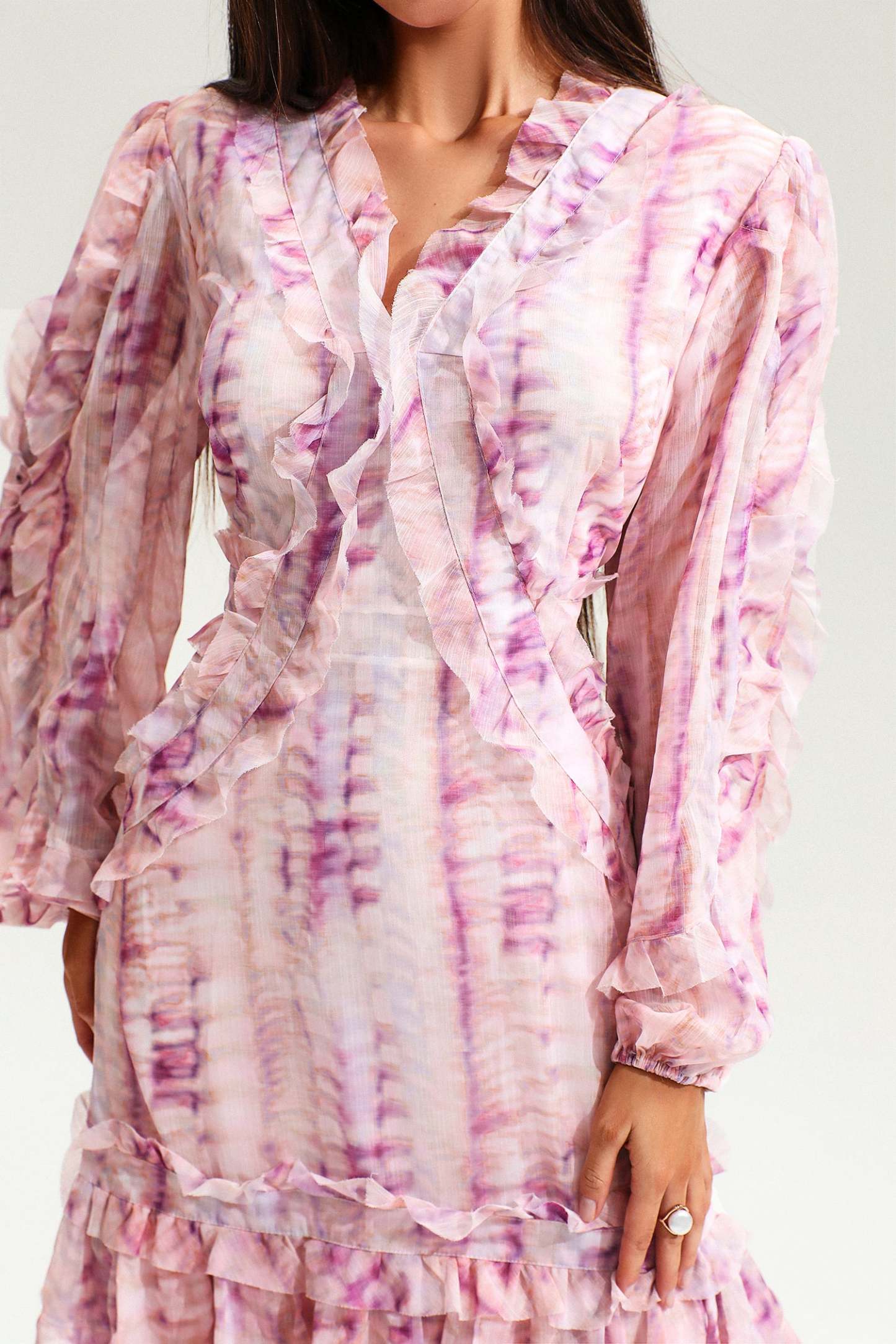 V-Neck Lace Puff Sleeve Tiered Ruffle Hem Maxi Dress