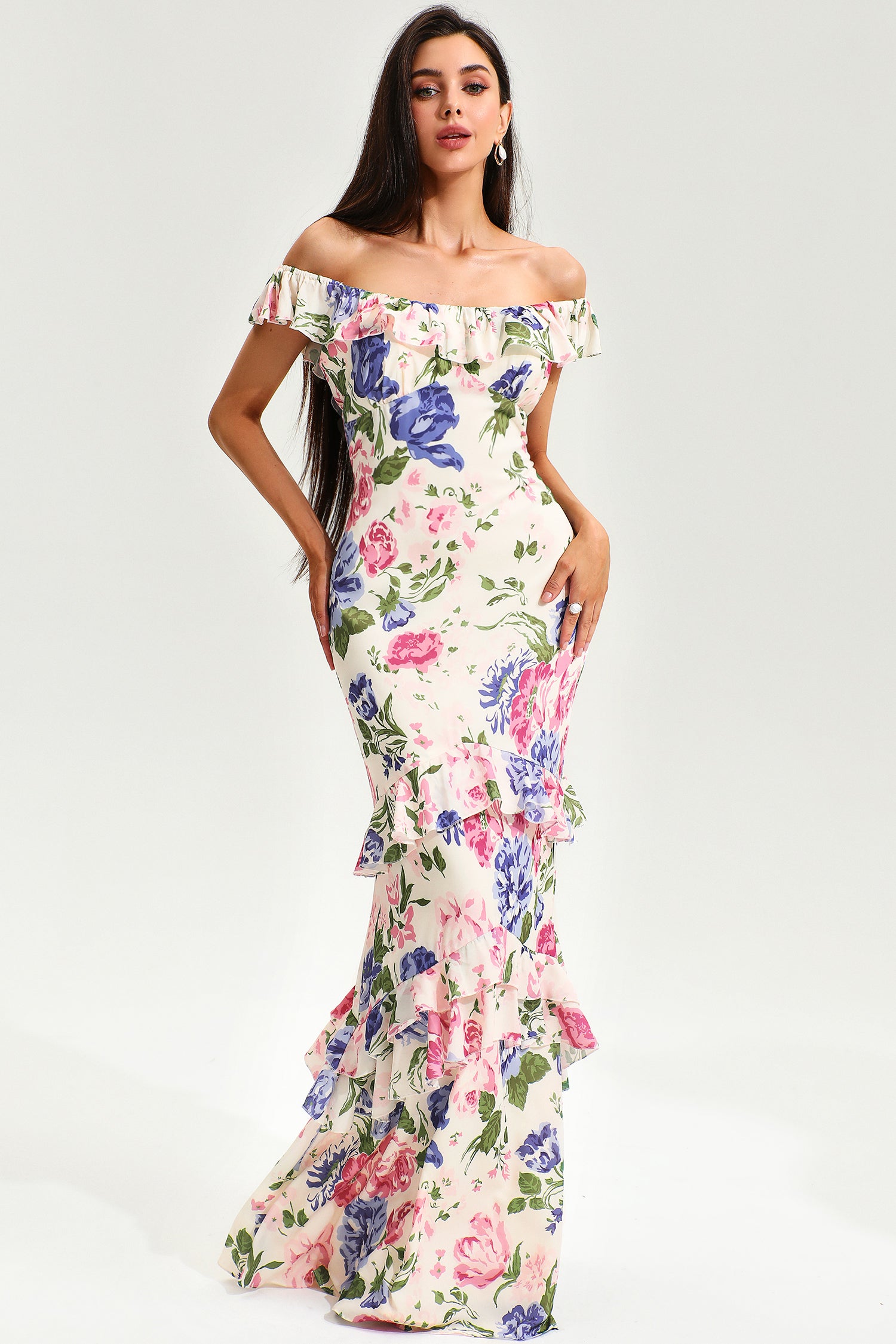 Floral Tiered Ruffle Hem Fishtail Maxi Dress