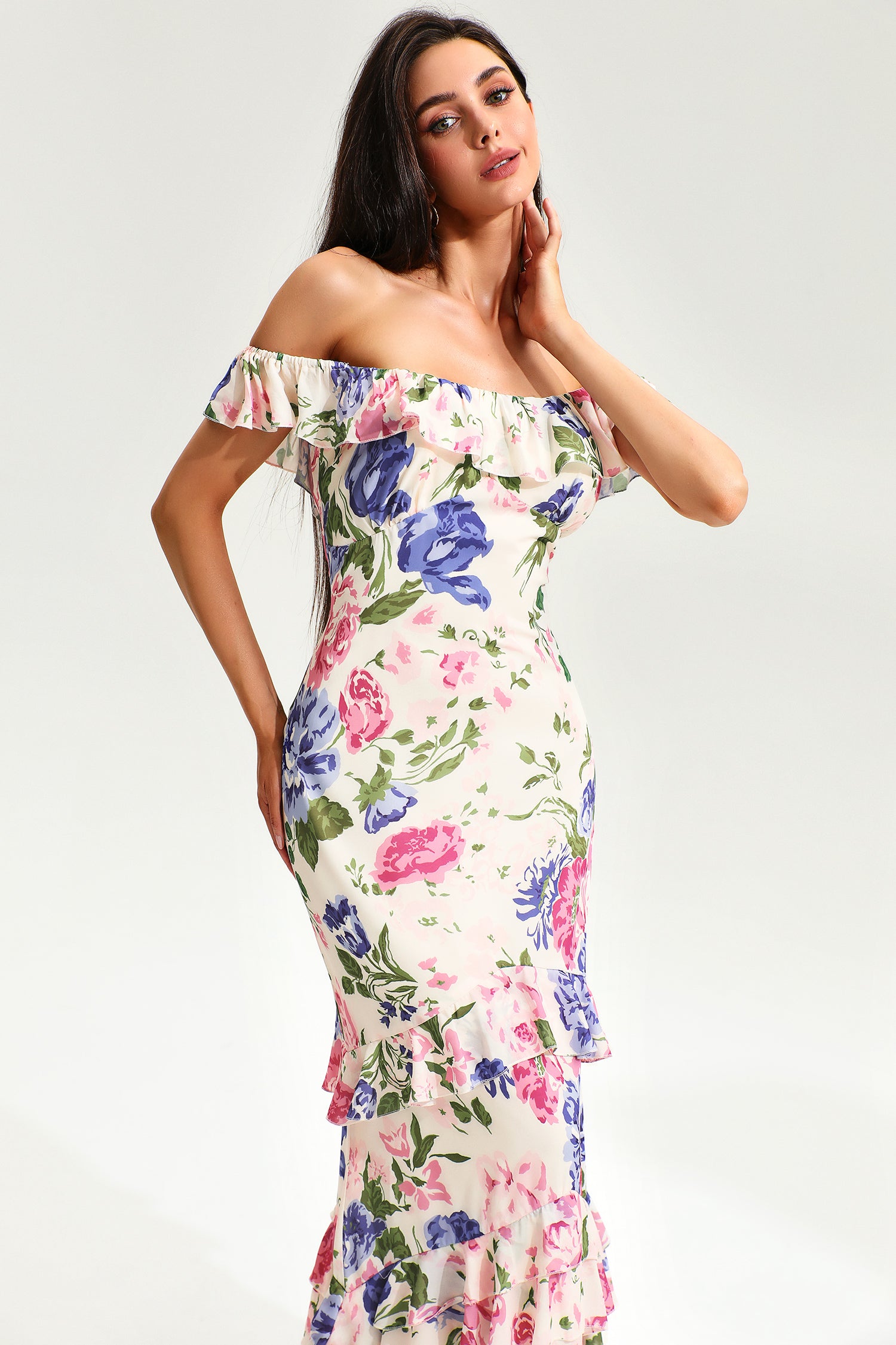 Floral Tiered Ruffle Hem Fishtail Maxi Dress