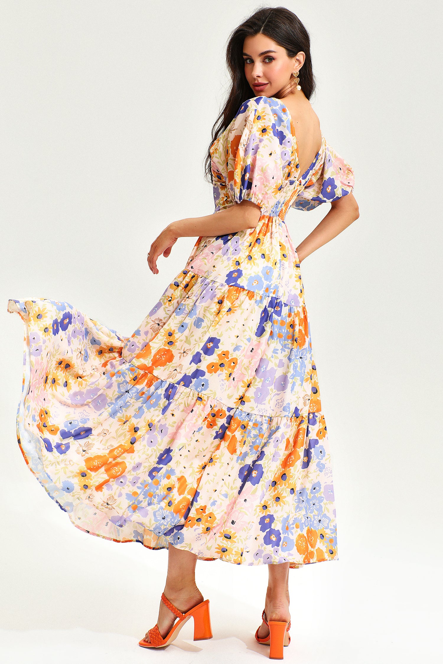 Floral Puff Sleeve V-neck Maxi Dress