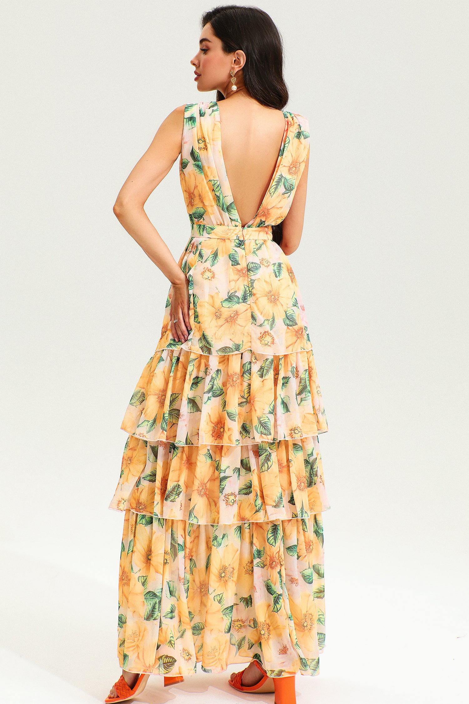 Floral Backless Sleeveless Tiered Hem Maxi Dress