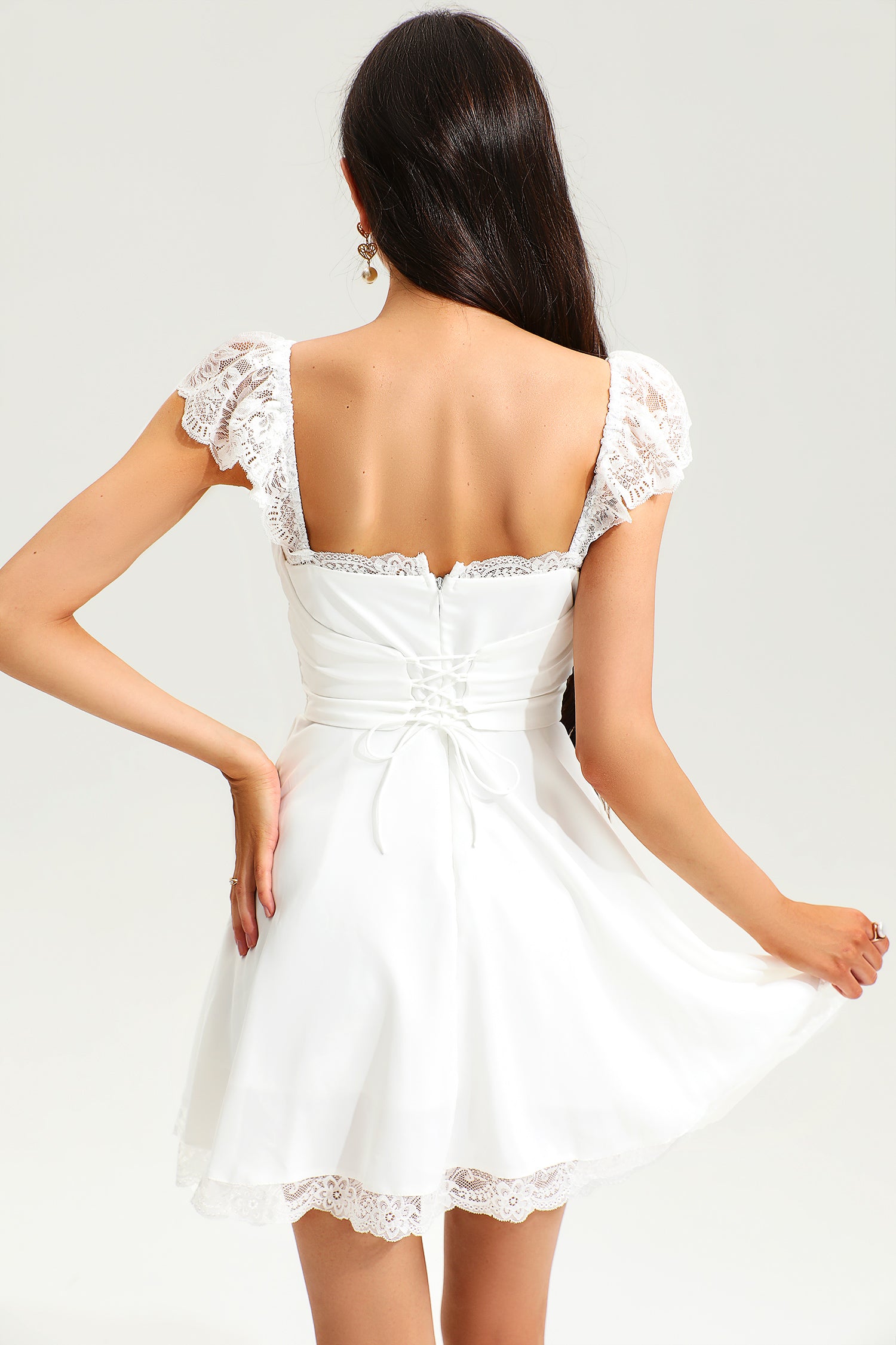 Lace Hem Square Collar Corset Pleated Mini Dress White