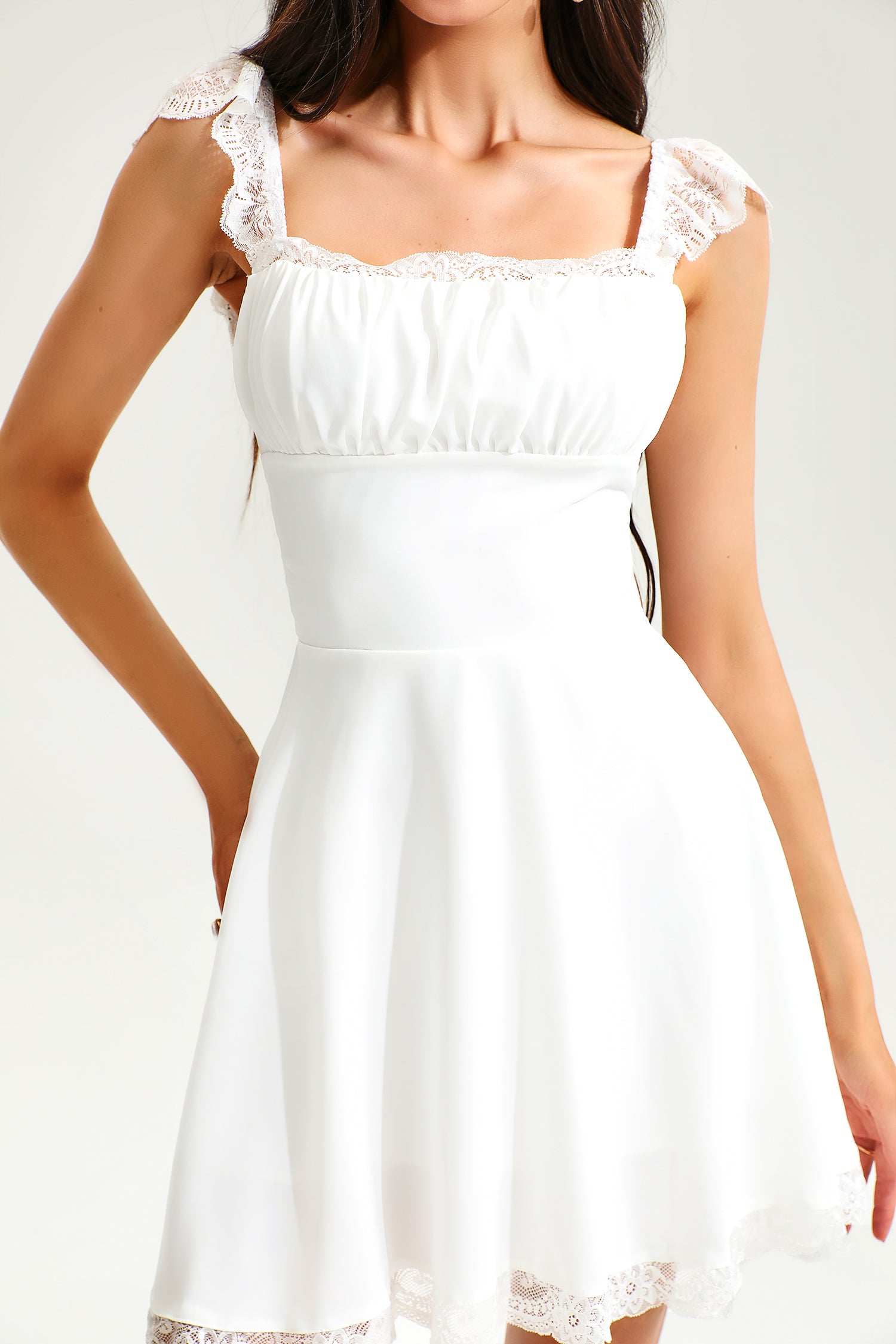 Lace Hem Square Collar Corset Pleated Mini Dress White