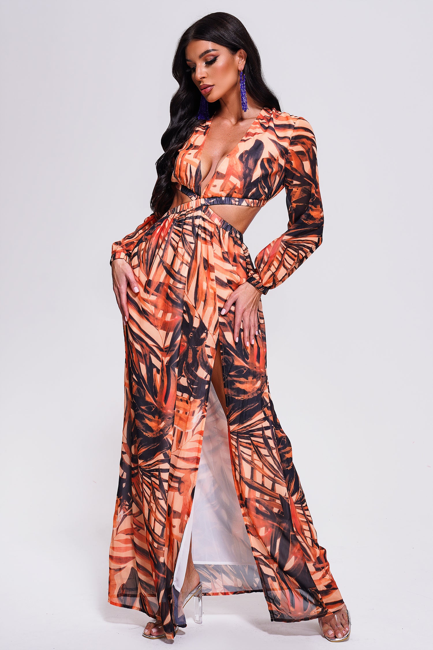 Dinia Printed Cutout Slit Maxi Dress