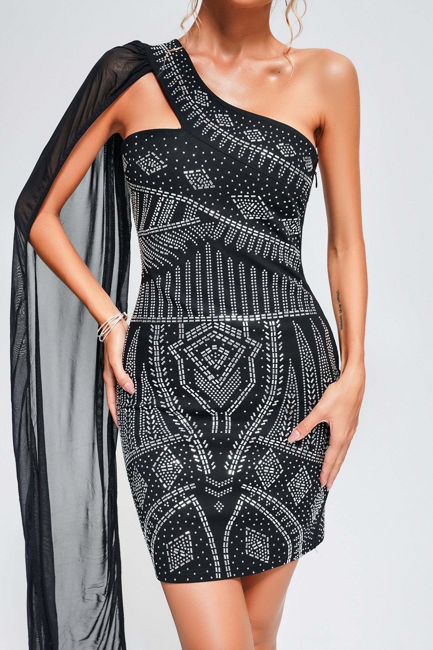 Vafa One Shoulder Crystal Mini Bandage Dress