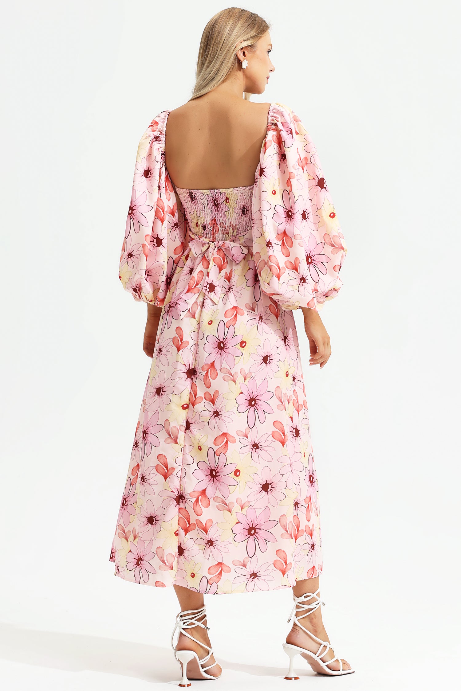 Floral Puff Sleeve Square Collar Backless Maxi Dress