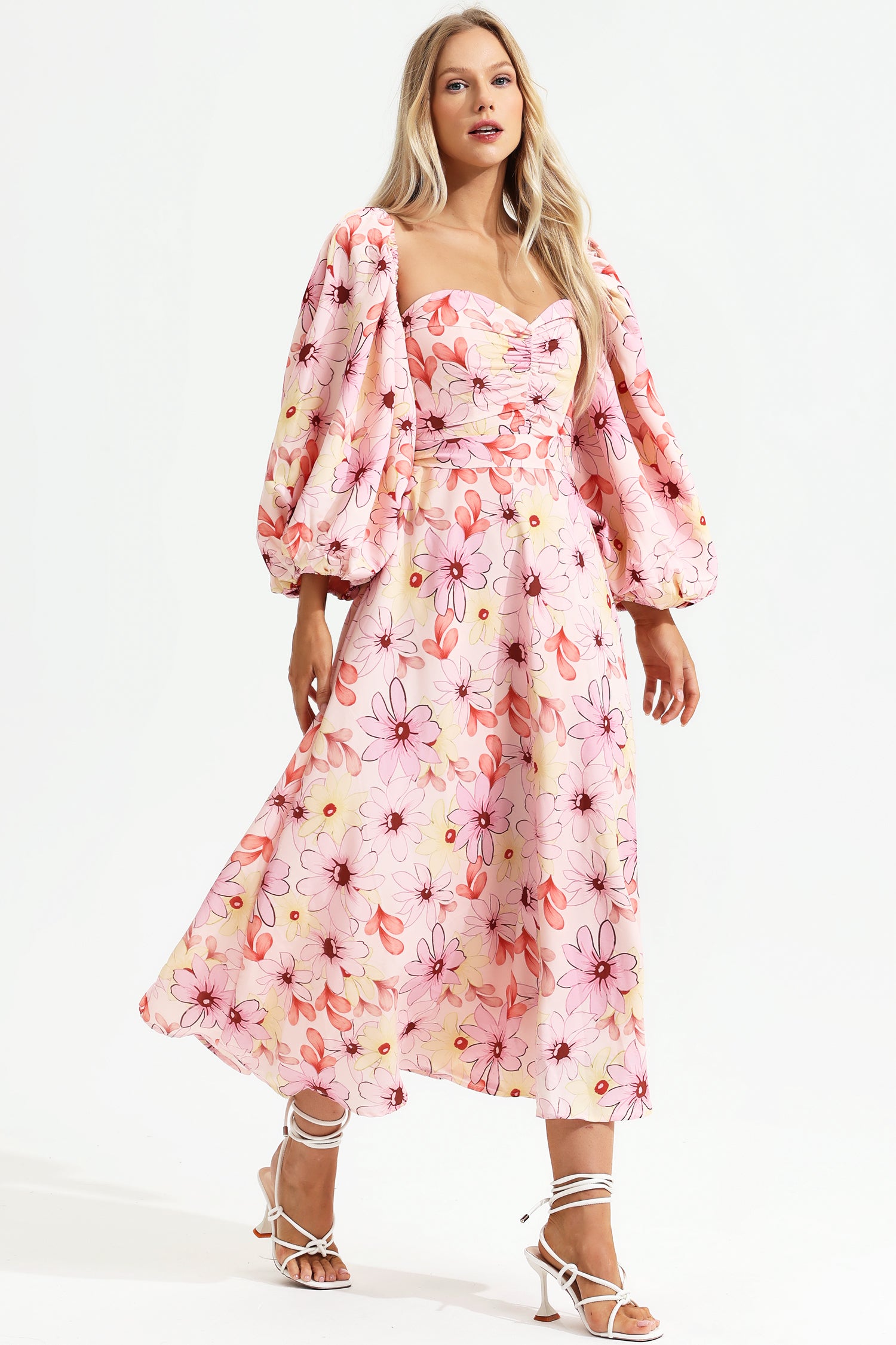 Floral Puff Sleeve Square Collar Backless Maxi Dress