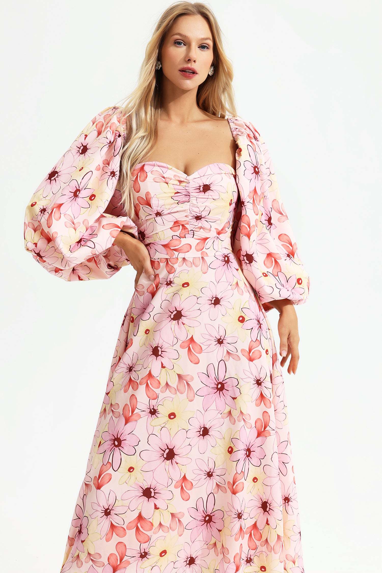 Floral Puff Sleeve Square Collar Backless Maxi Dress