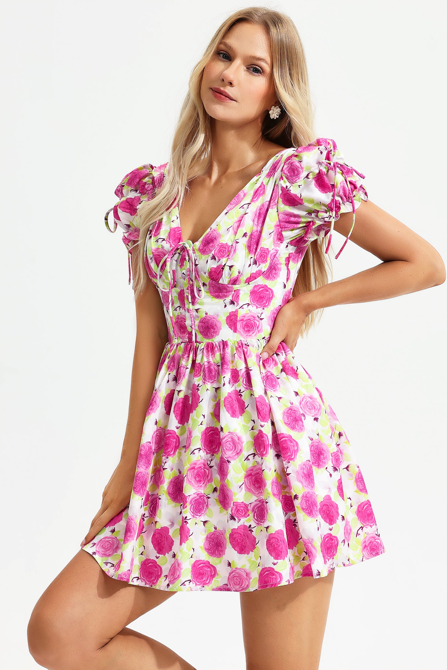 Floral Backless Short Sleeve Dress Pink