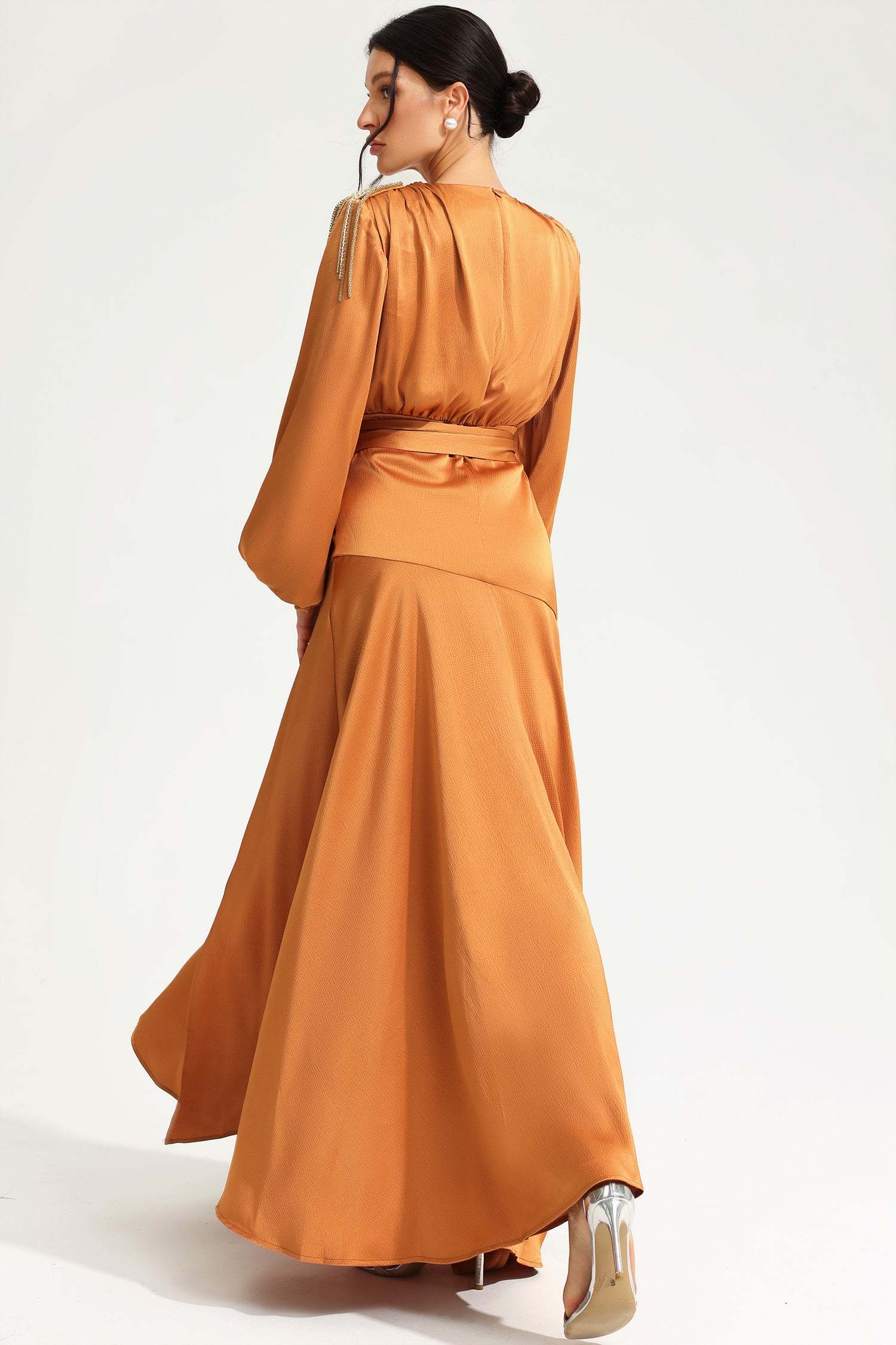 Lantern Sleeve V-Neck Slit Maxi Dress