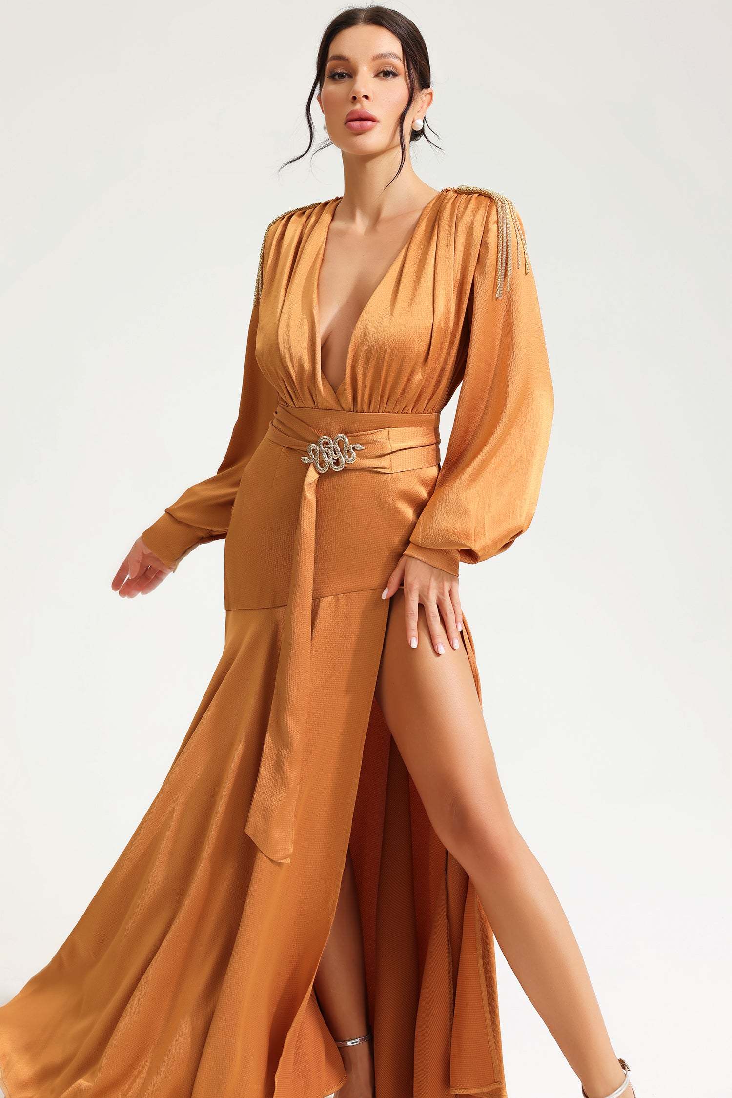 Lantern Sleeve V-Neck Slit Maxi Dress