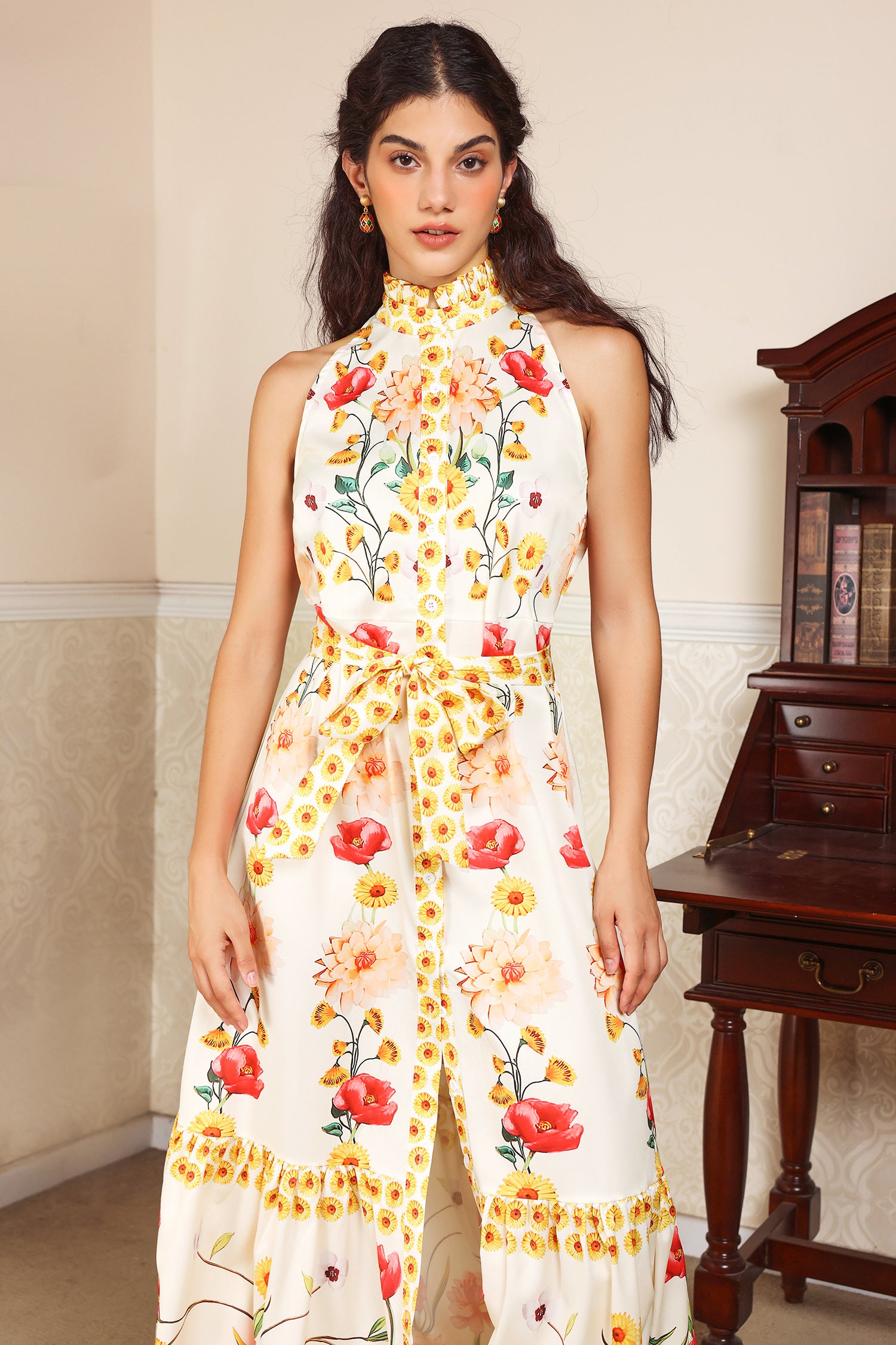 Floral High Collar Sleeveless Buttoned Lace Up Midi Dress Yellow