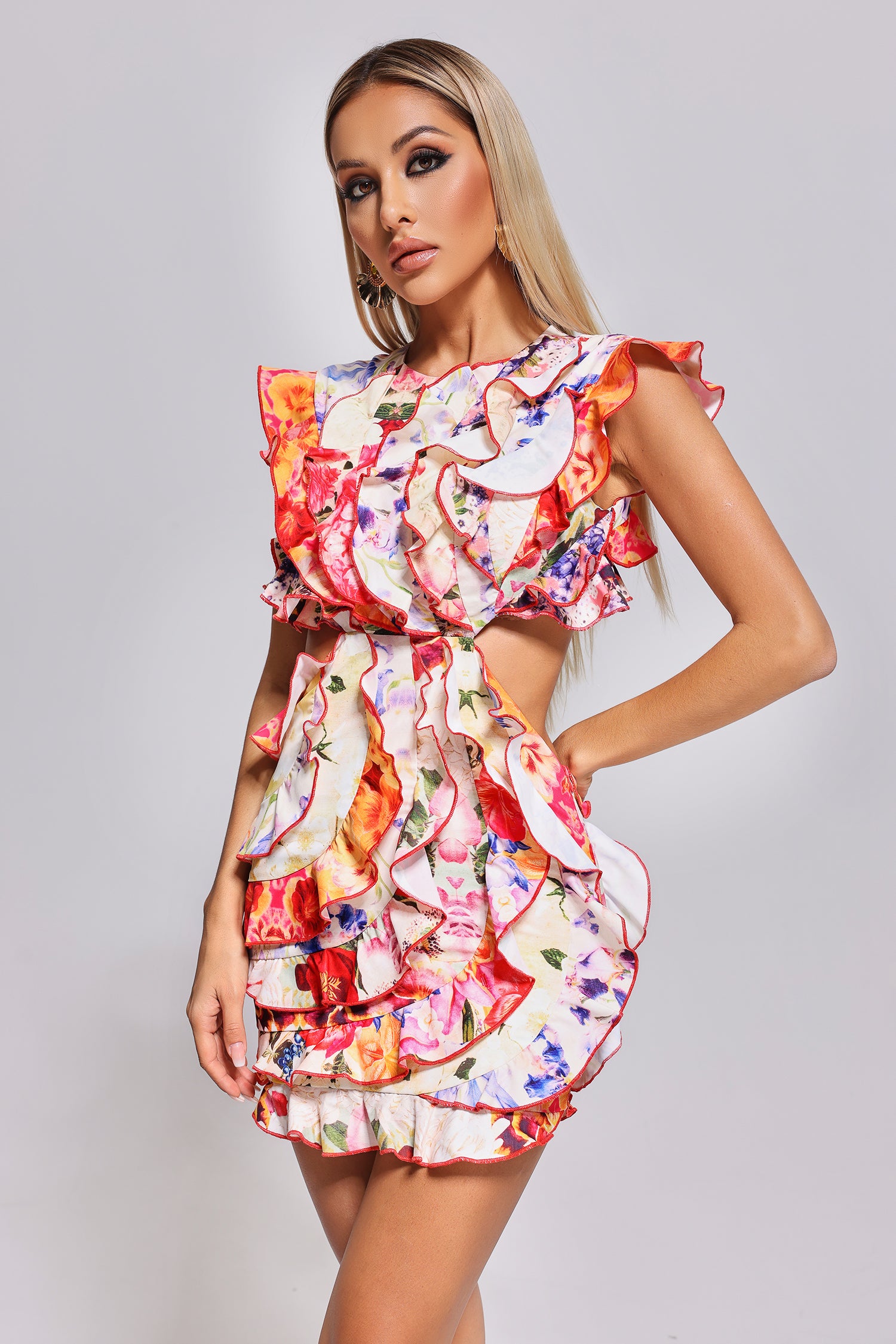 Unyque Cutout Flounced Printed Mini Dress