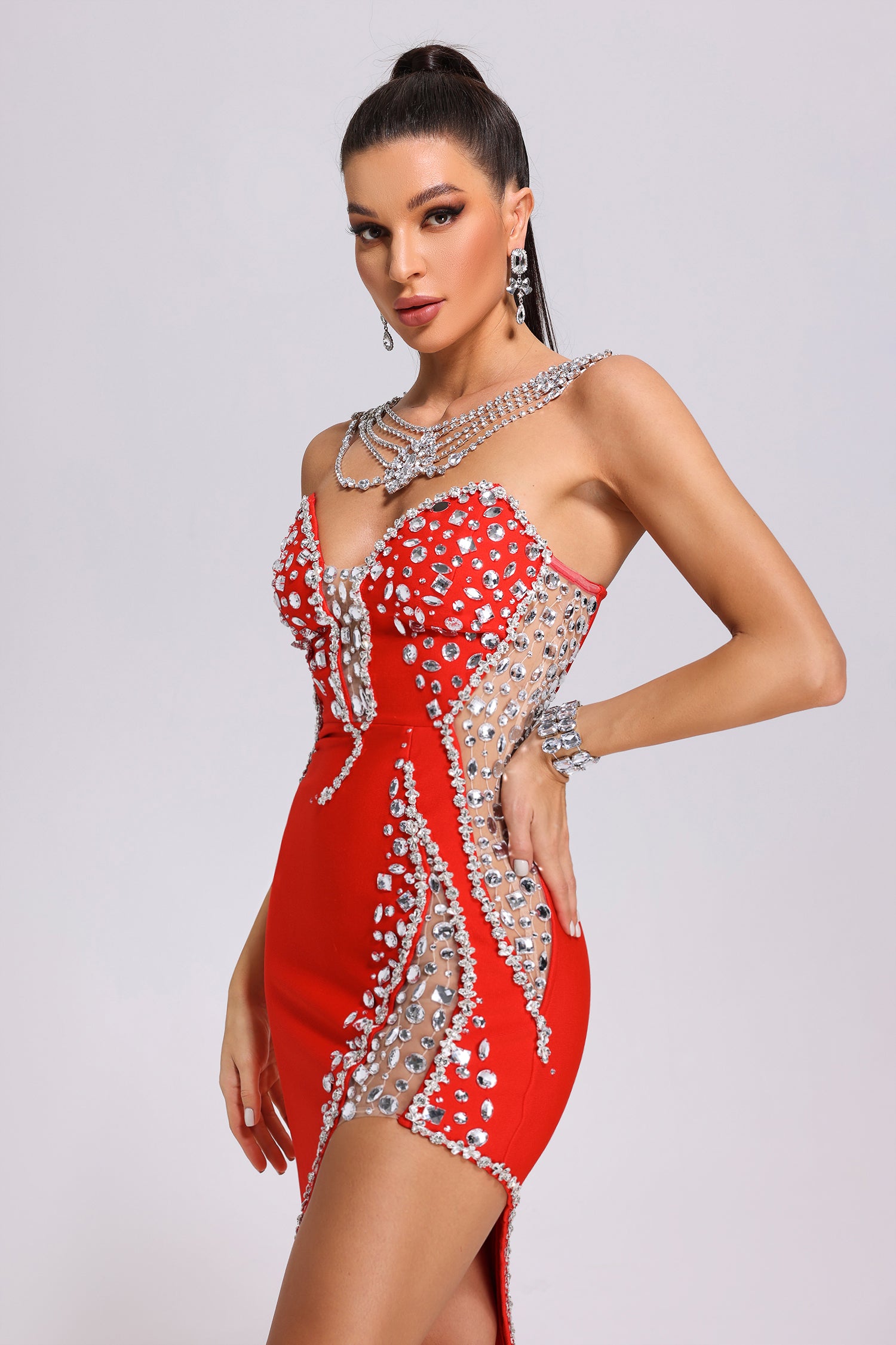 Porsha Diamonate Strapless Maxi Bandage Dress - Red