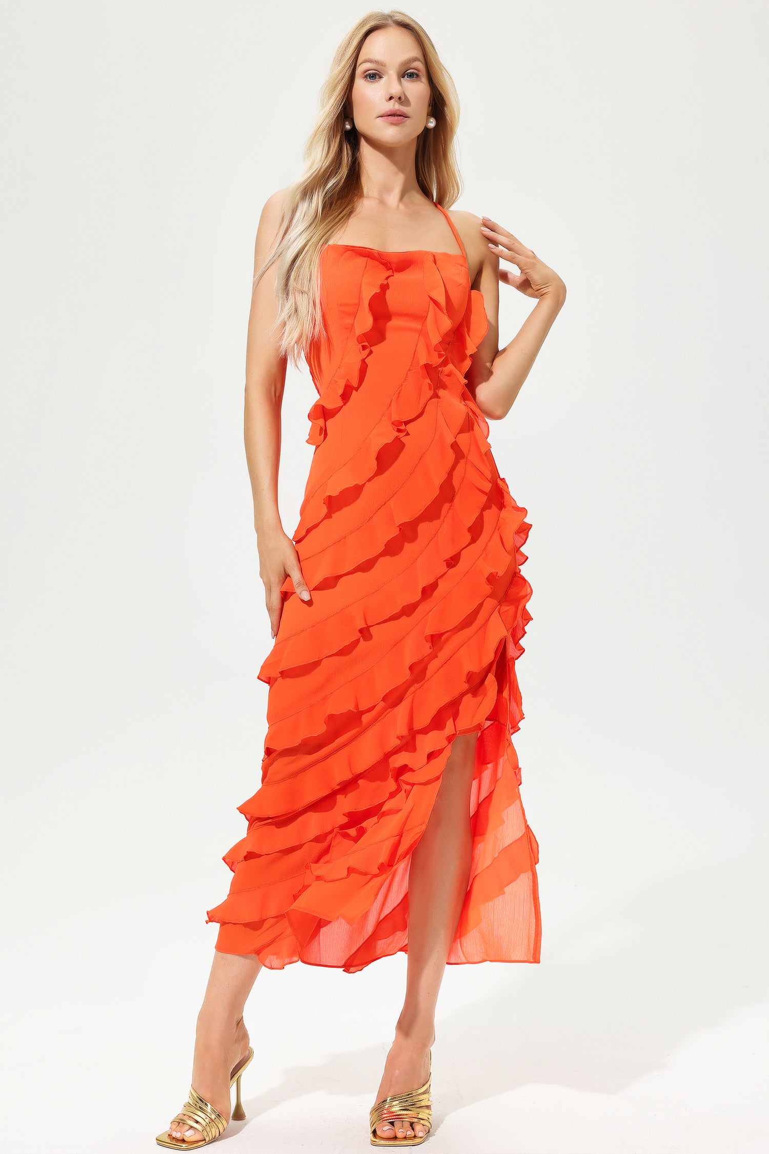 Ruffle Hem Cami Maxi Dress Orange