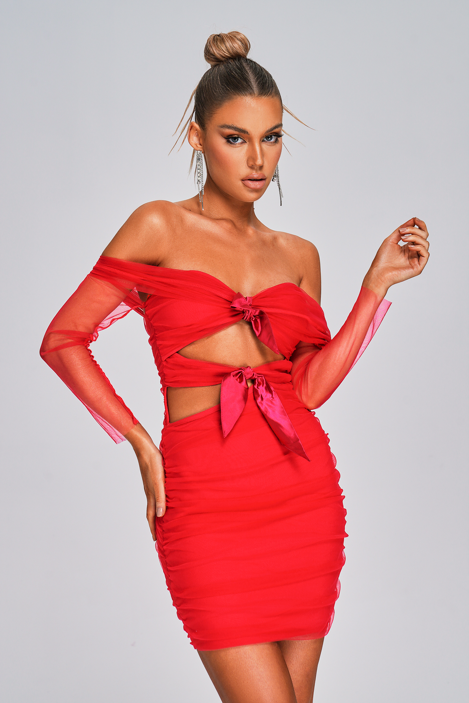 Irana Off Shoulder Mesh Mini Bandage Dress