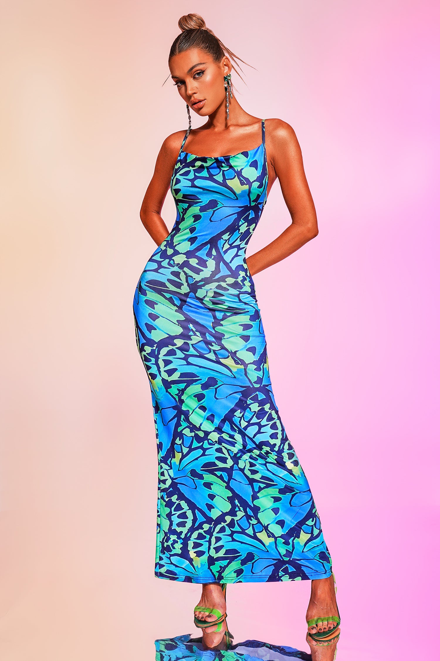 Pink Blue Green Tropical Print Evening Gowns