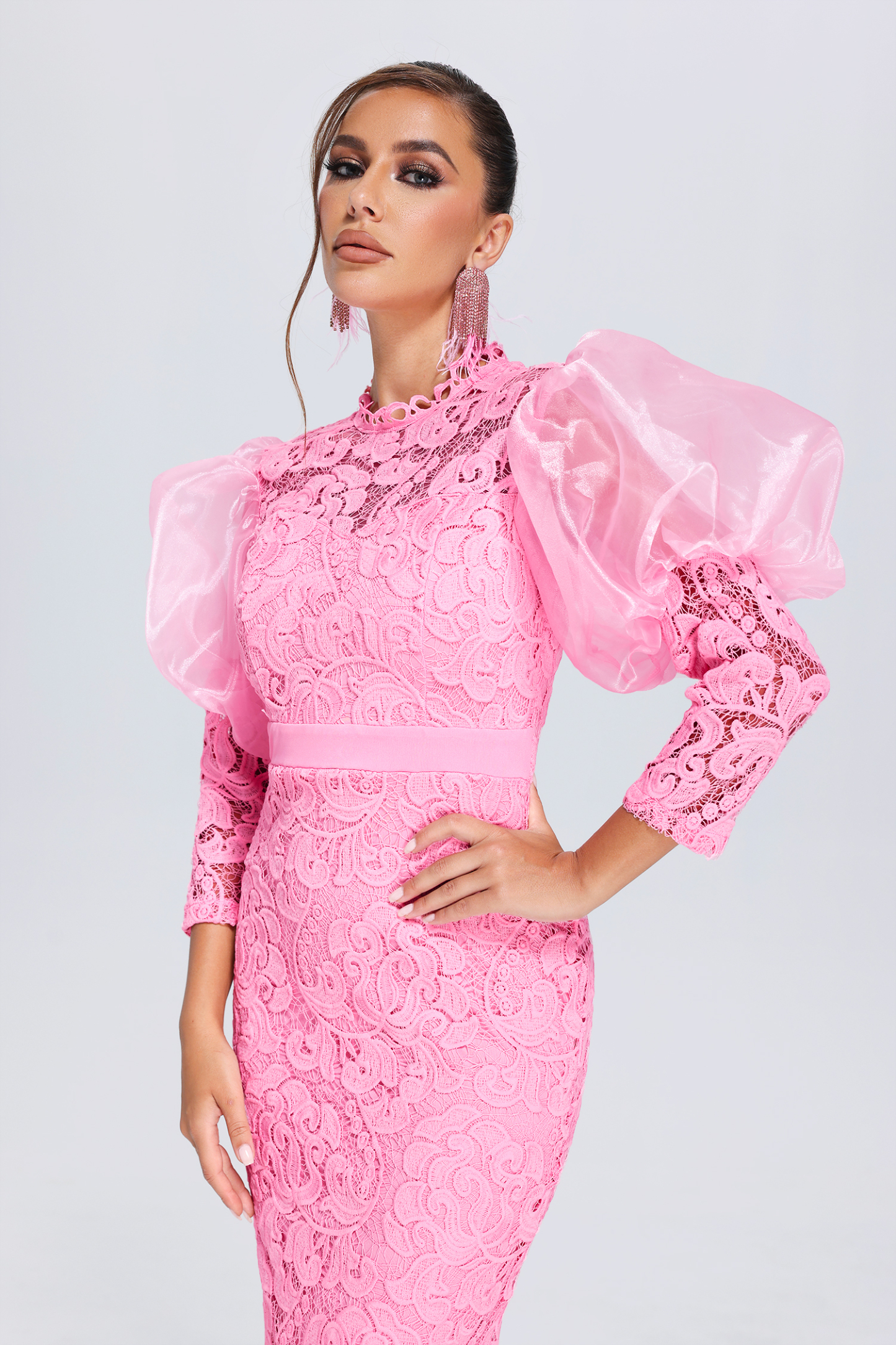 Vercia Puff Sleeve Lace Midi Dress