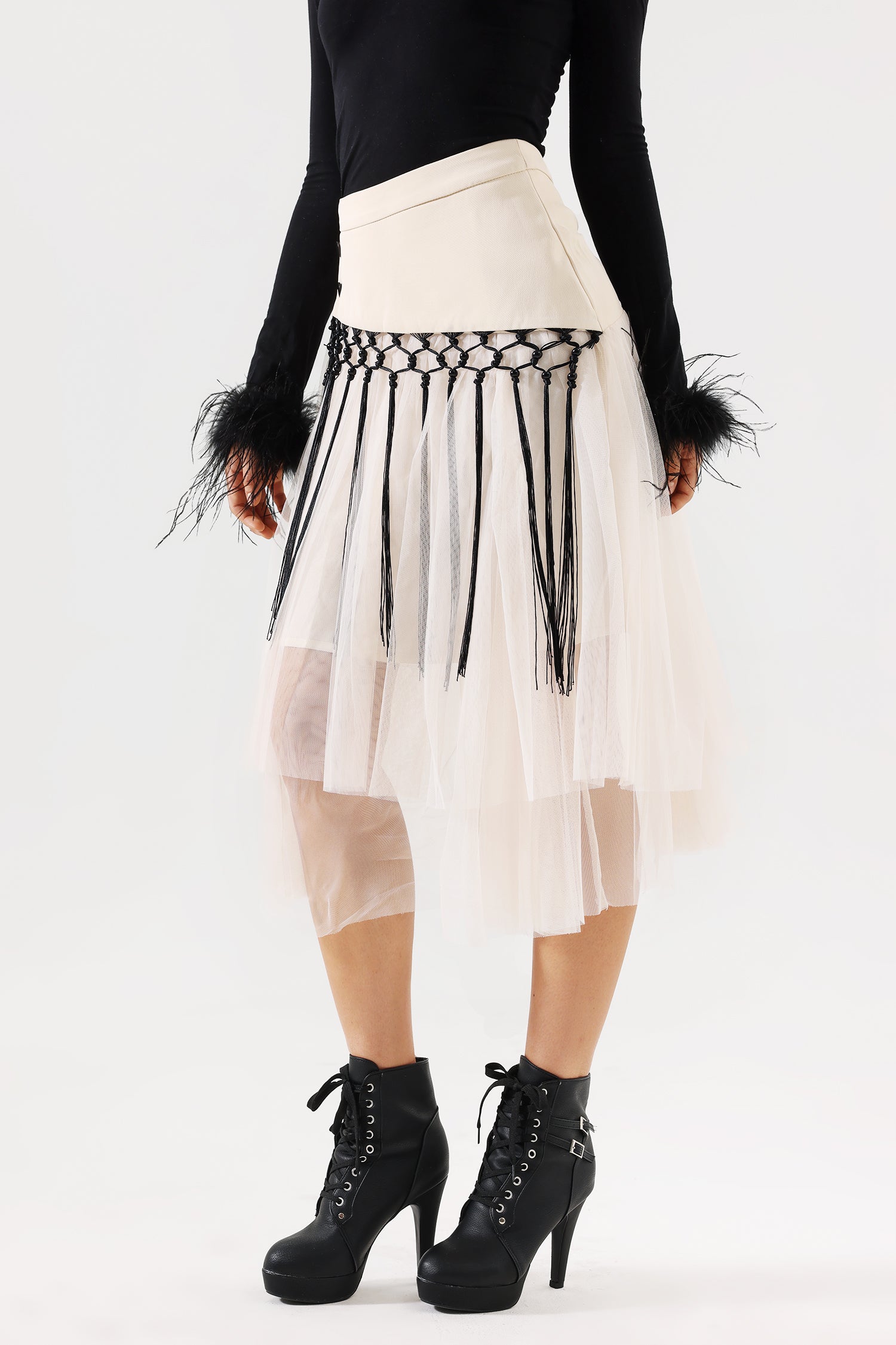 Minma Weaved Tassel Tulle Midi Skirt