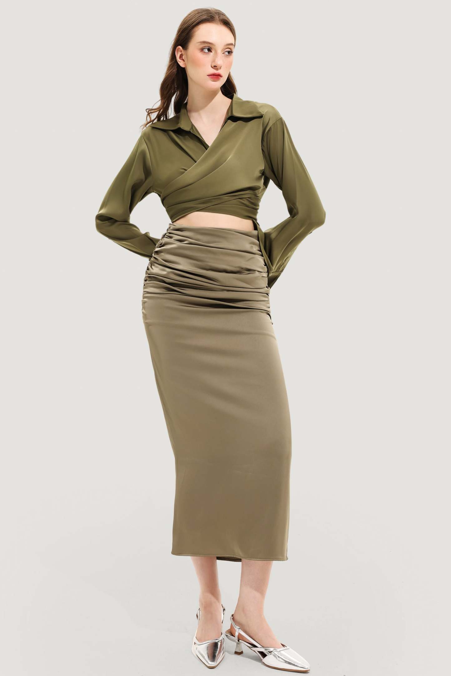 Long Sleeve Lapel Wrapped Maxi Dress Set Green